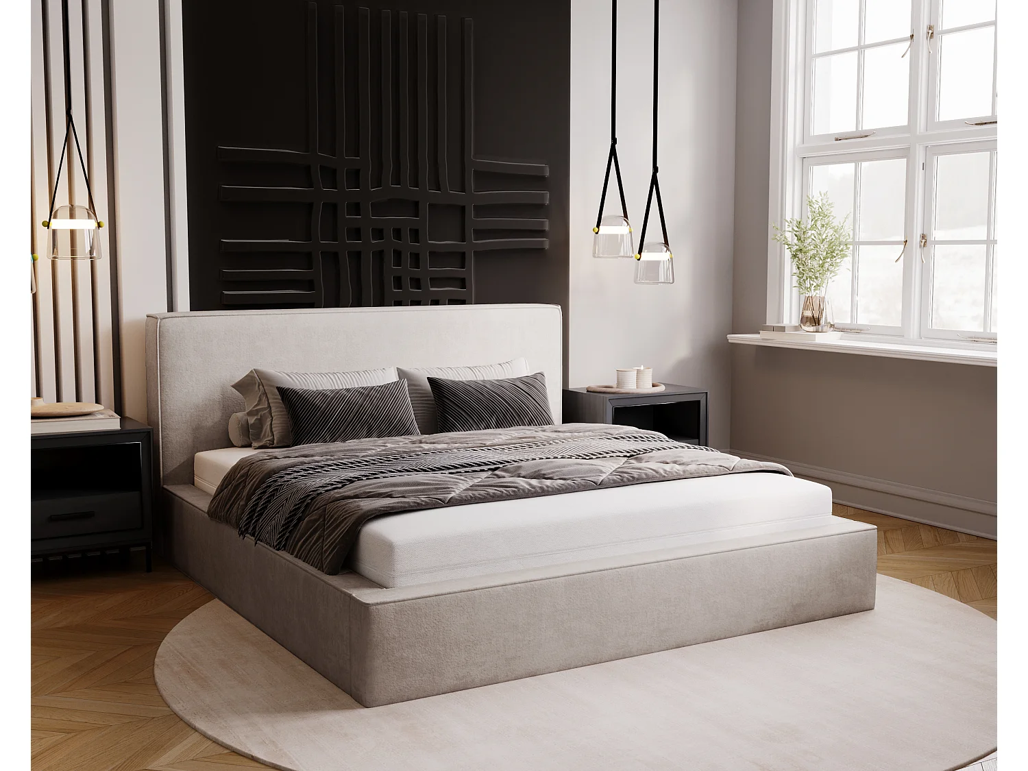 BESILIO Lit coffre 120x200 Gloria - sommier inclus, tissu doux, rangement intégré - Gris clair