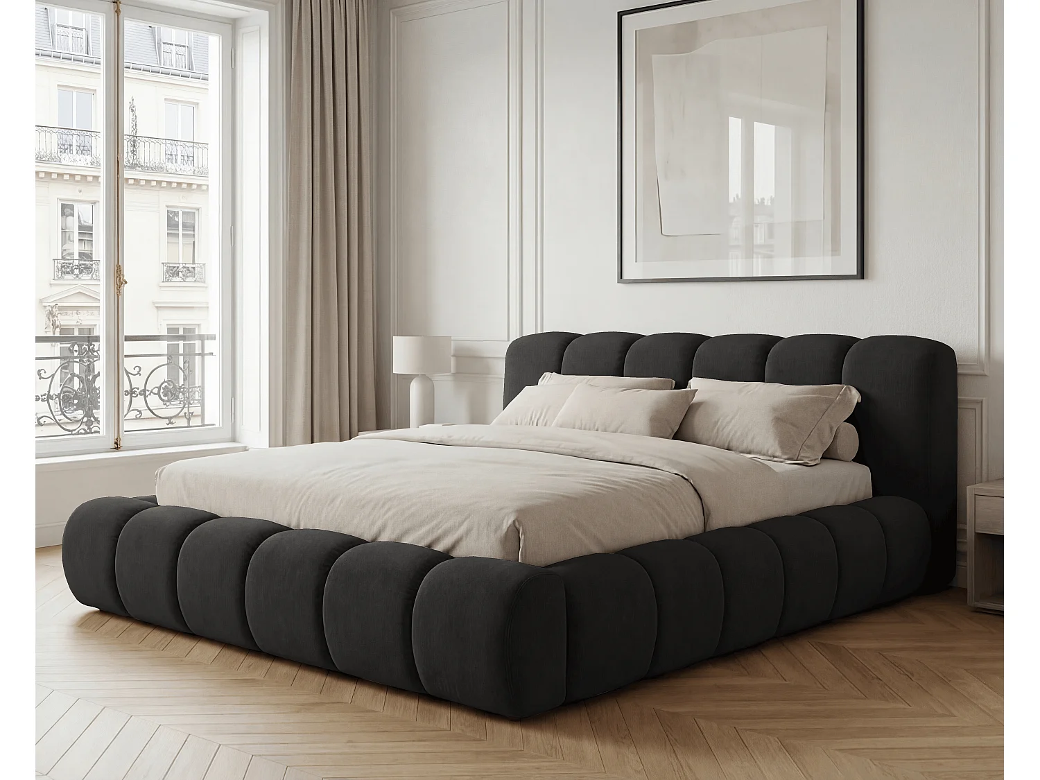 BESILIO Lit coffre 160x200 rembourré Mellio - sommier inclus, rangement, mousse épaisse - Noir