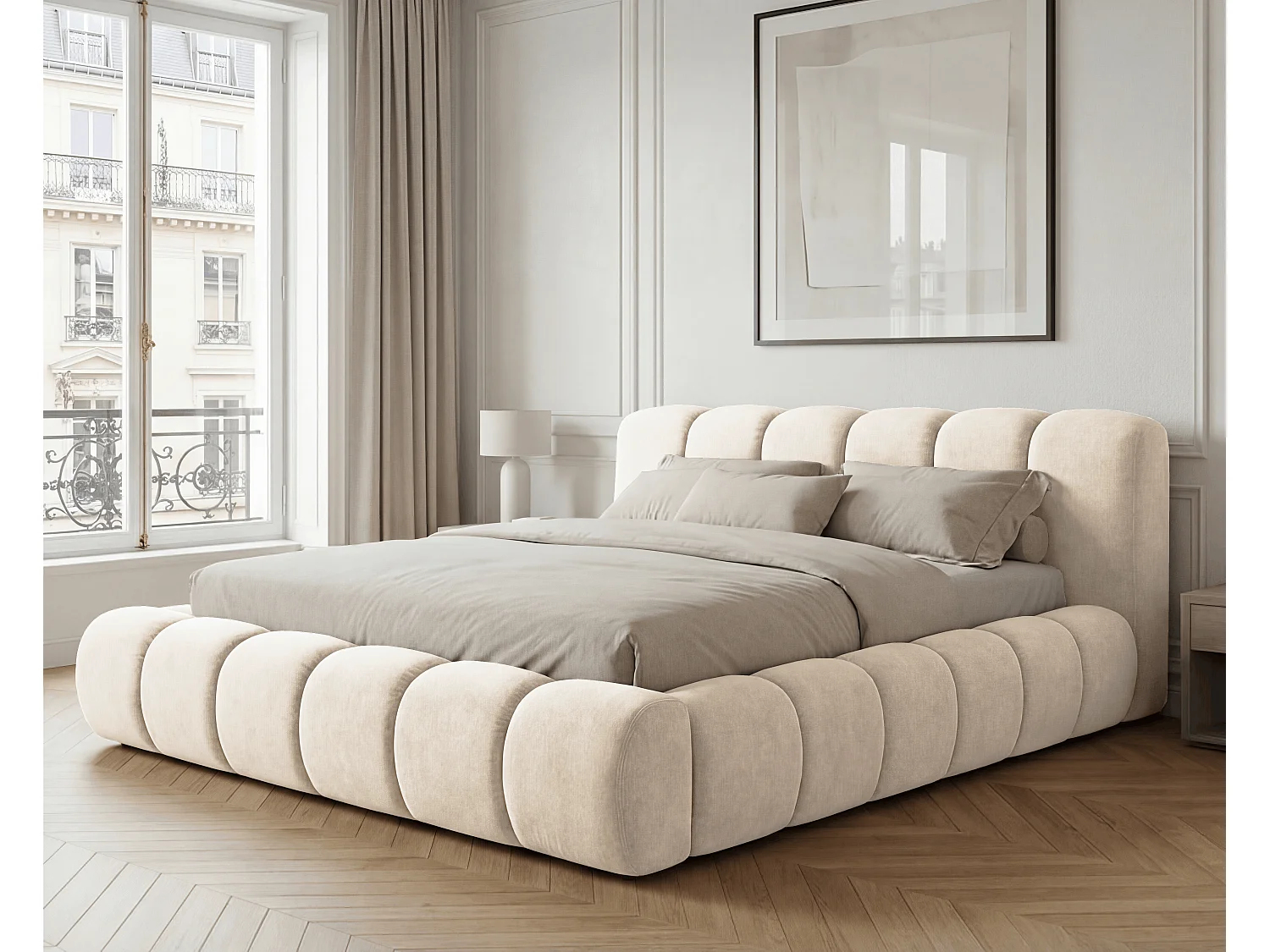 BESILIO Lit coffre 160x200 rembourré Mellio - sommier inclus, rangement, mousse épaisse - Crème