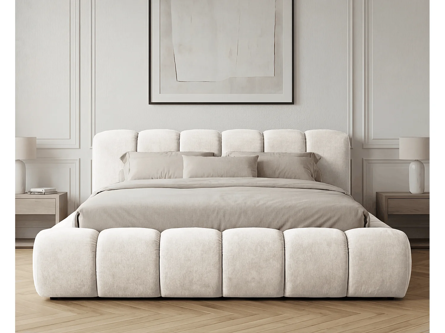 BESILIO Lit coffre 160x200 rembourré Mellio - sommier inclus, rangement, mousse épaisse - Crème