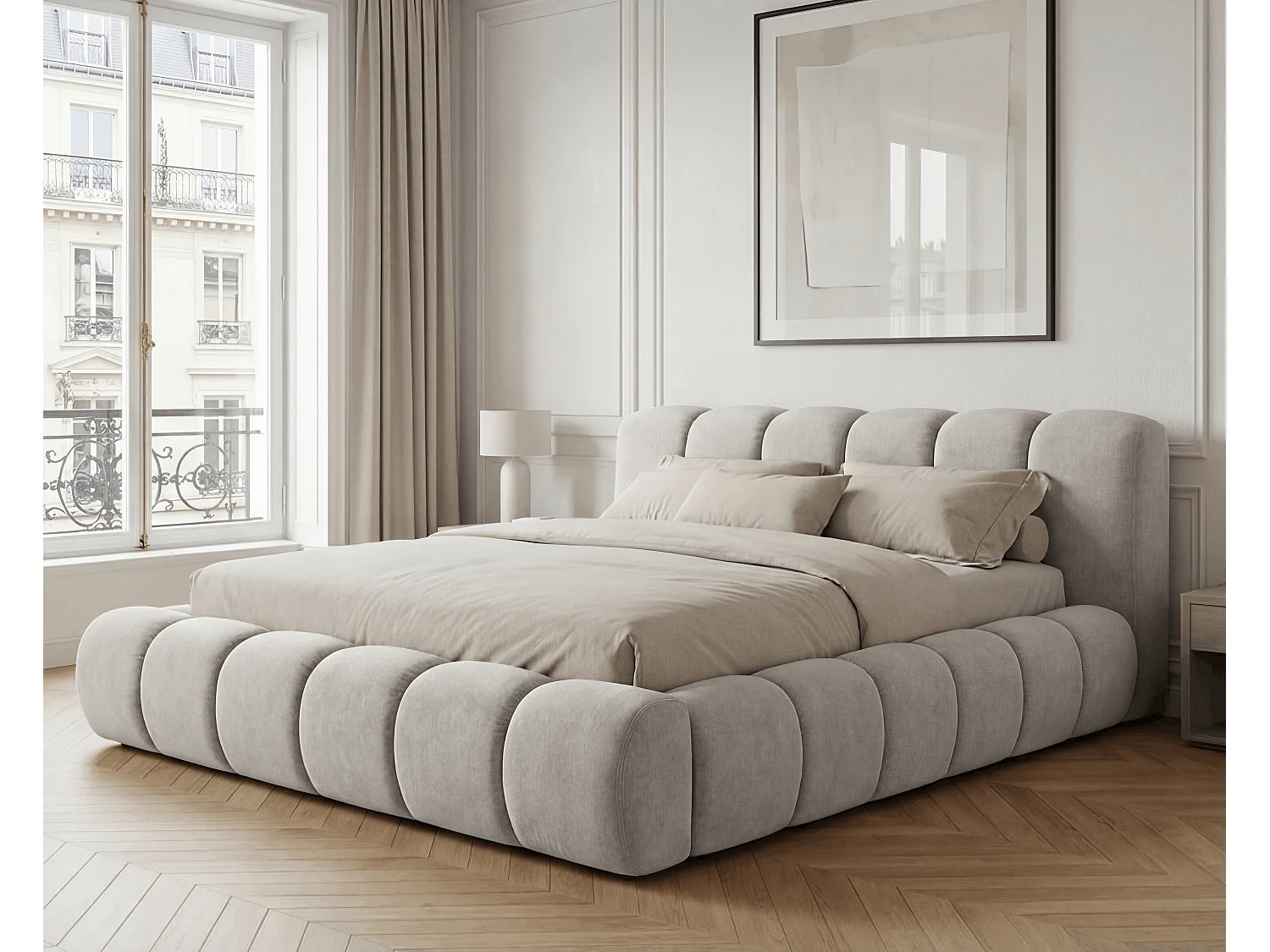 BESILIO Lit coffre 140x200 rembourré Mellio - sommier inclus, rangement, mousse épaisse - Gris