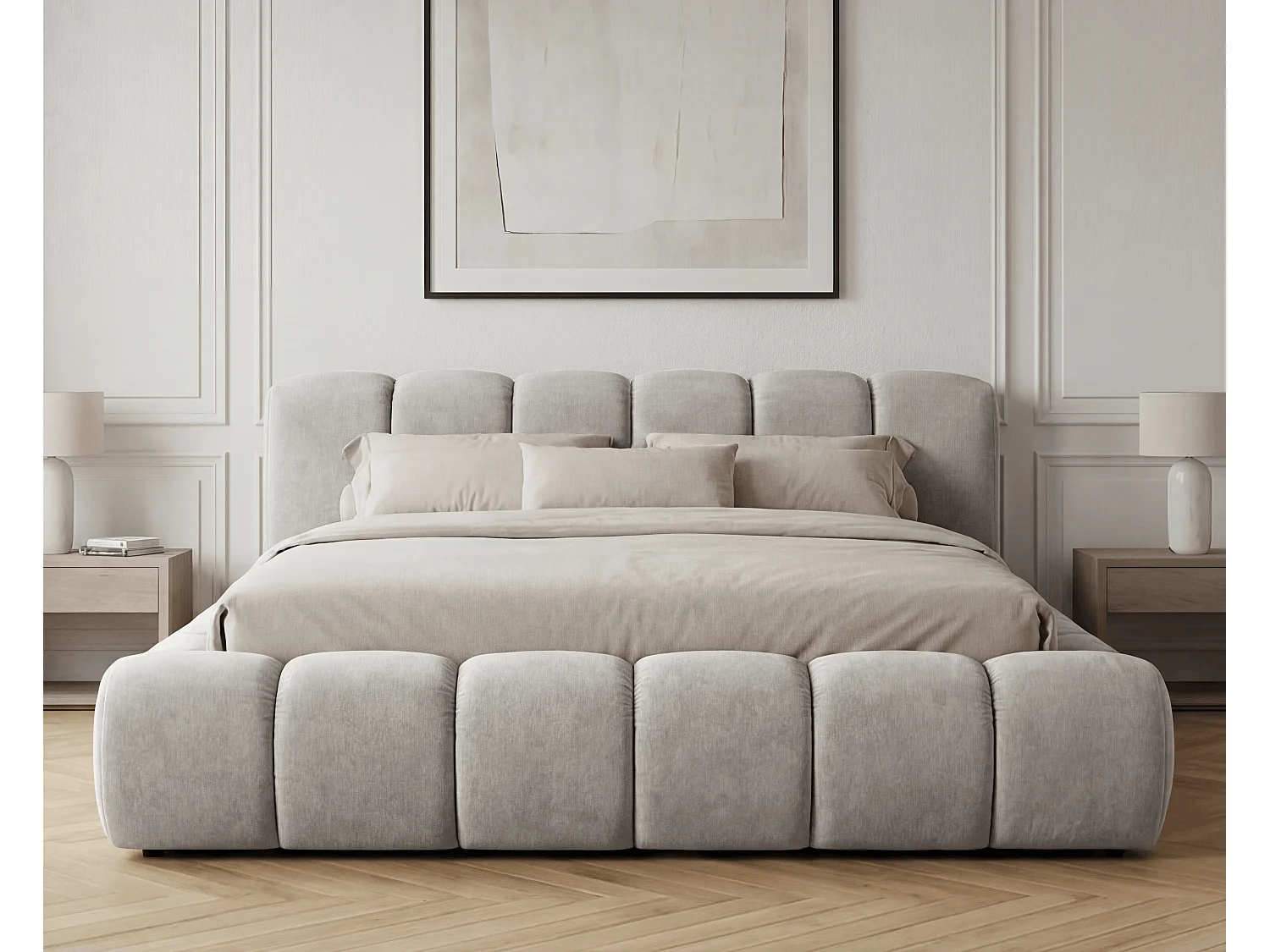 BESILIO Lit coffre 140x200 rembourré Mellio - sommier inclus, rangement, mousse épaisse - Gris