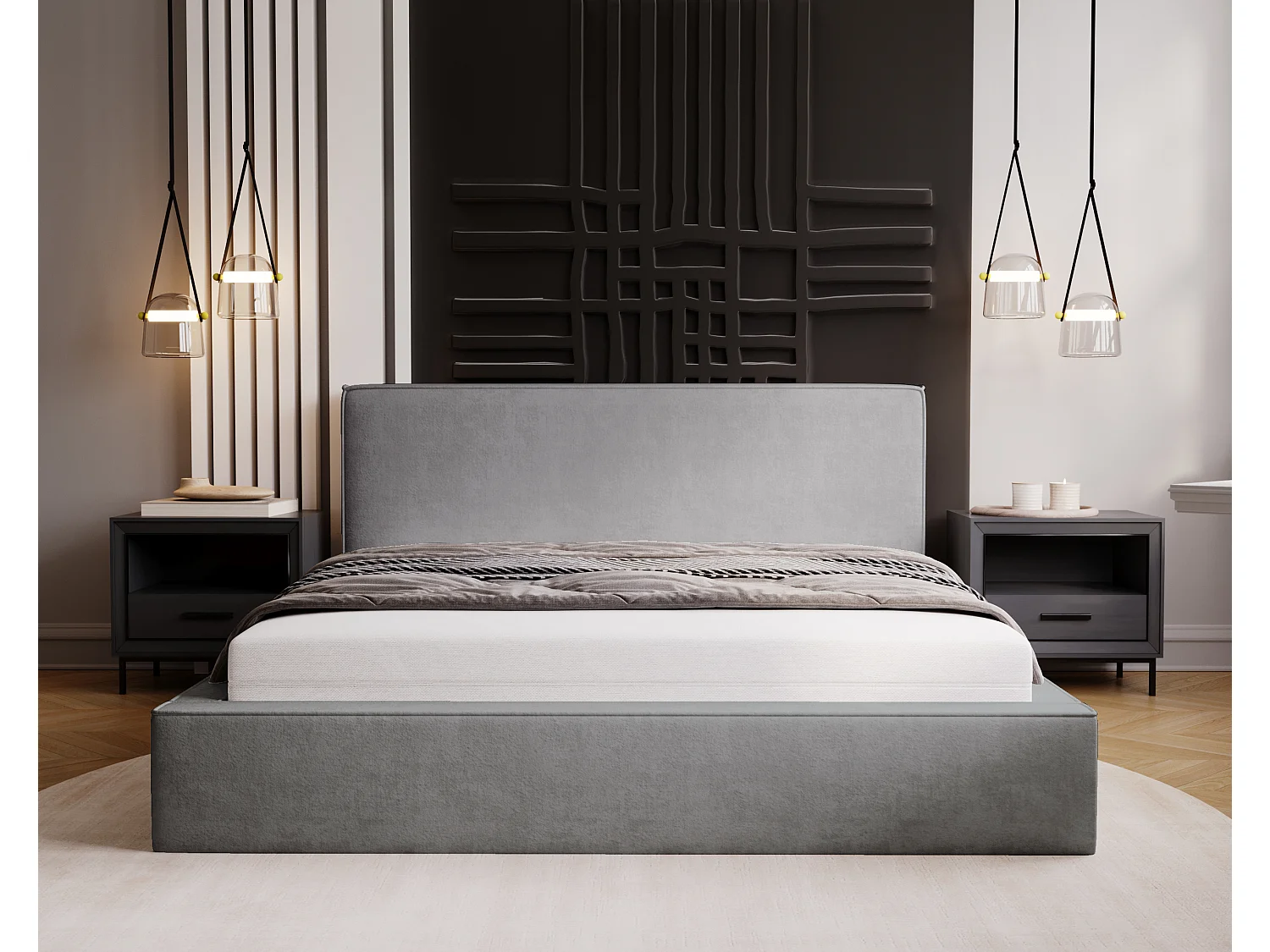 BESILIO Lit coffre 180x200 Gloria - sommier inclus, tissu doux, rangement intégré - Gris