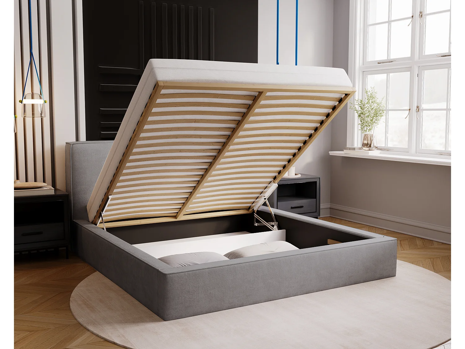 BESILIO Lit coffre 180x200 Gloria - sommier inclus, tissu doux, rangement intégré - Gris
