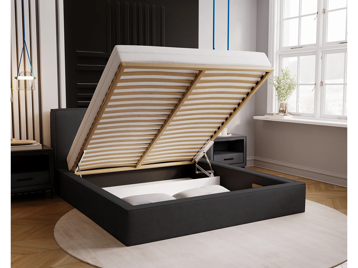 BESILIO Lit coffre 180x200 Gloria - sommier inclus, tissu doux, rangement intégré - Noir