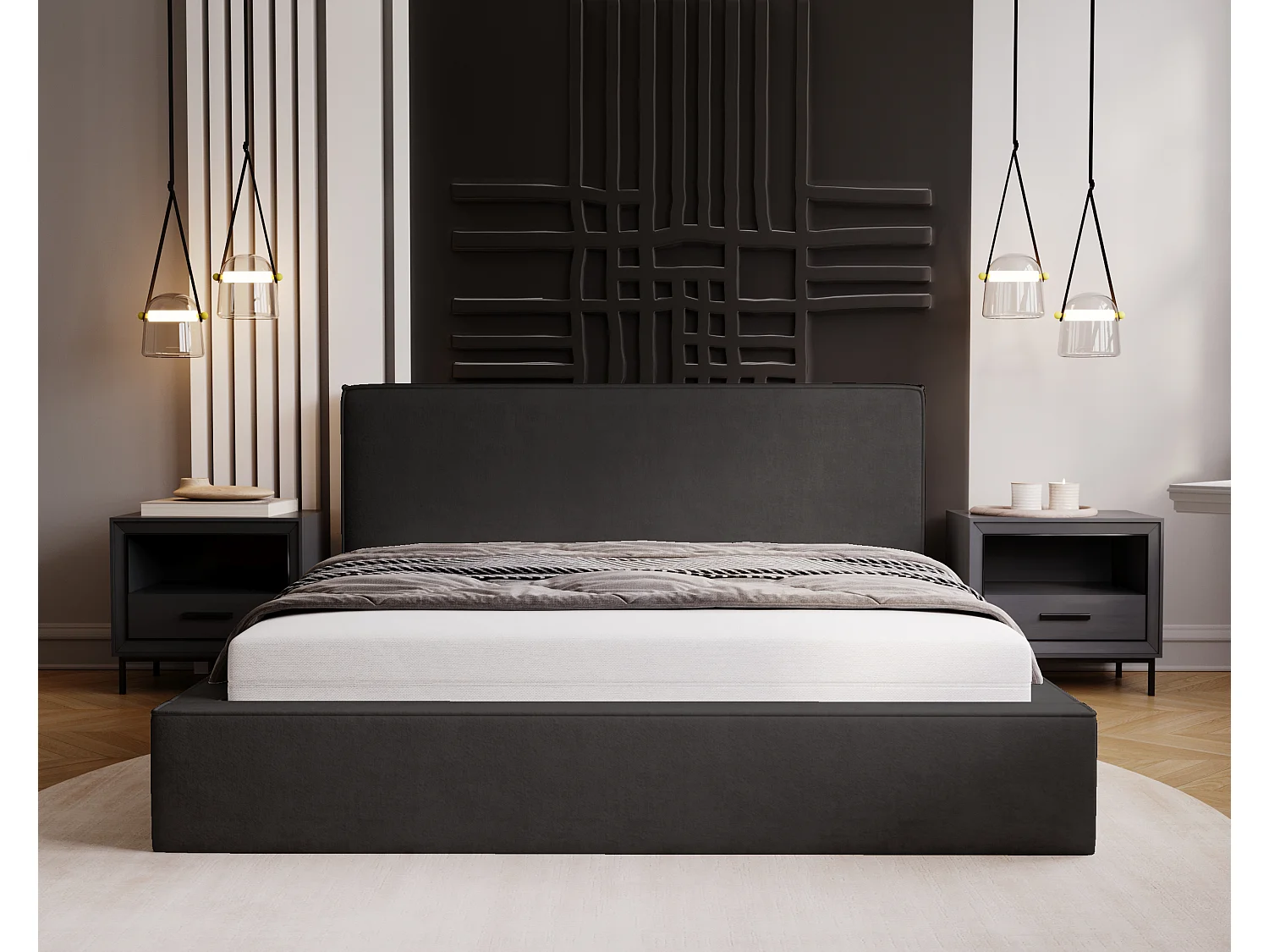 BESILIO Lit coffre 160x200 Gloria - sommier inclus, tissu doux, rangement intégré - Noir