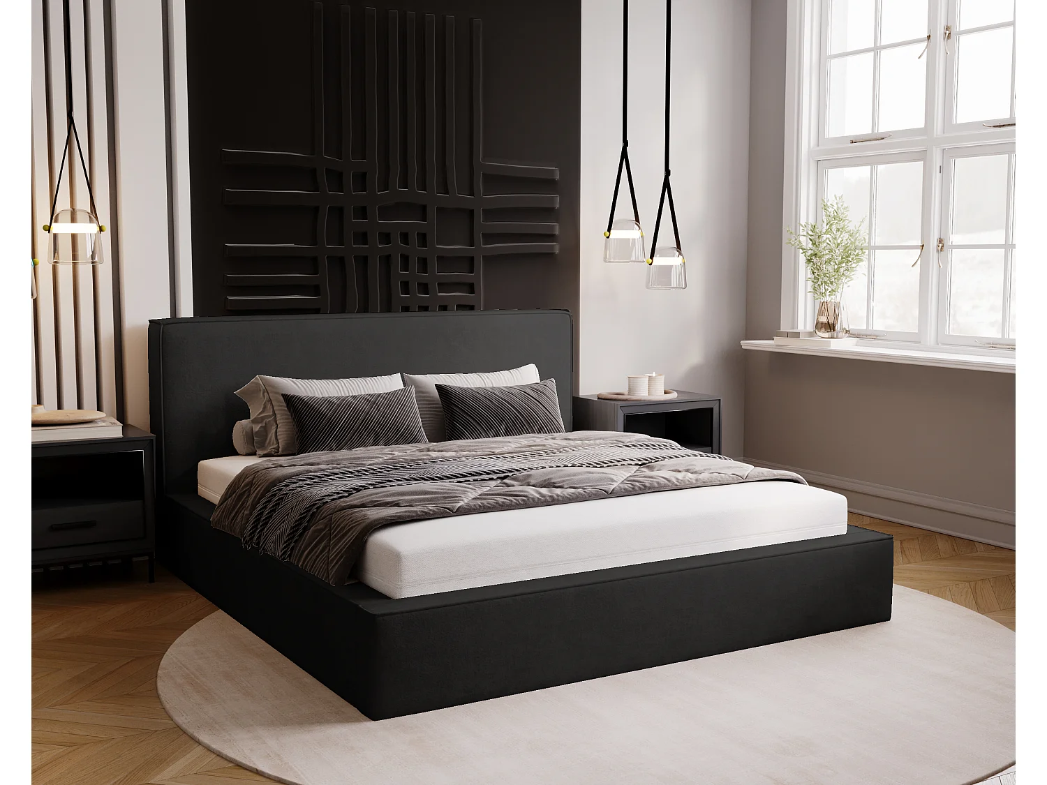 BESILIO Lit coffre 200x200 Gloria - sommier inclus, tissu doux, rangement intégré - Noir