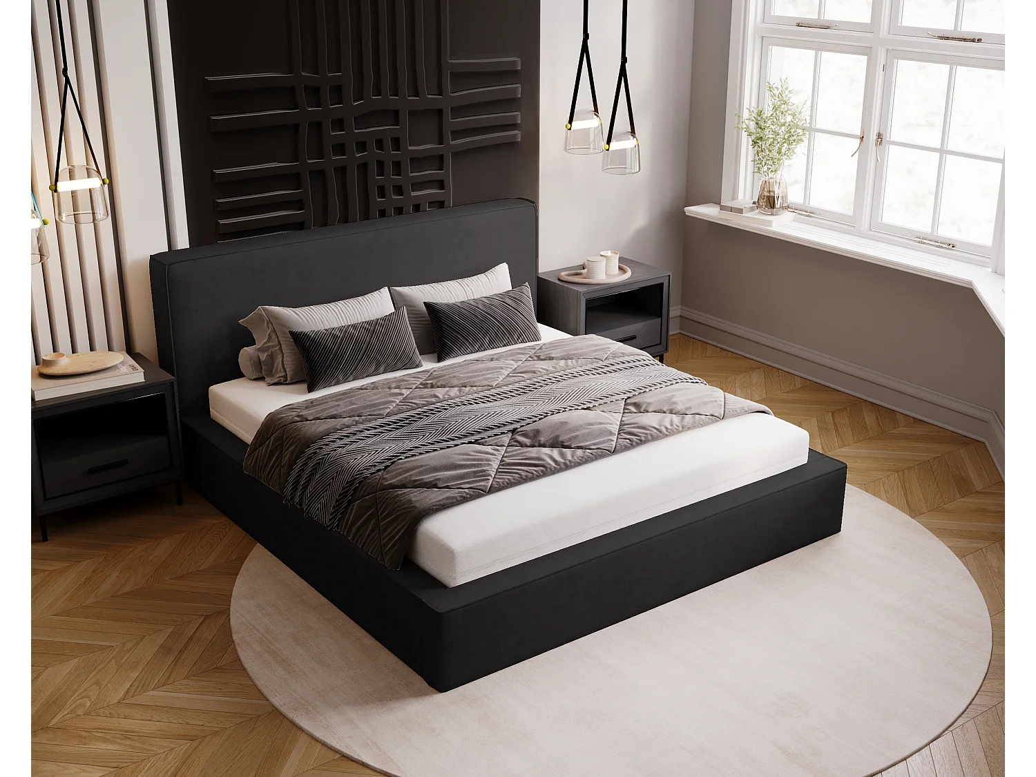 BESILIO Lit coffre 200x200 Gloria - sommier inclus, tissu doux, rangement intégré - Noir