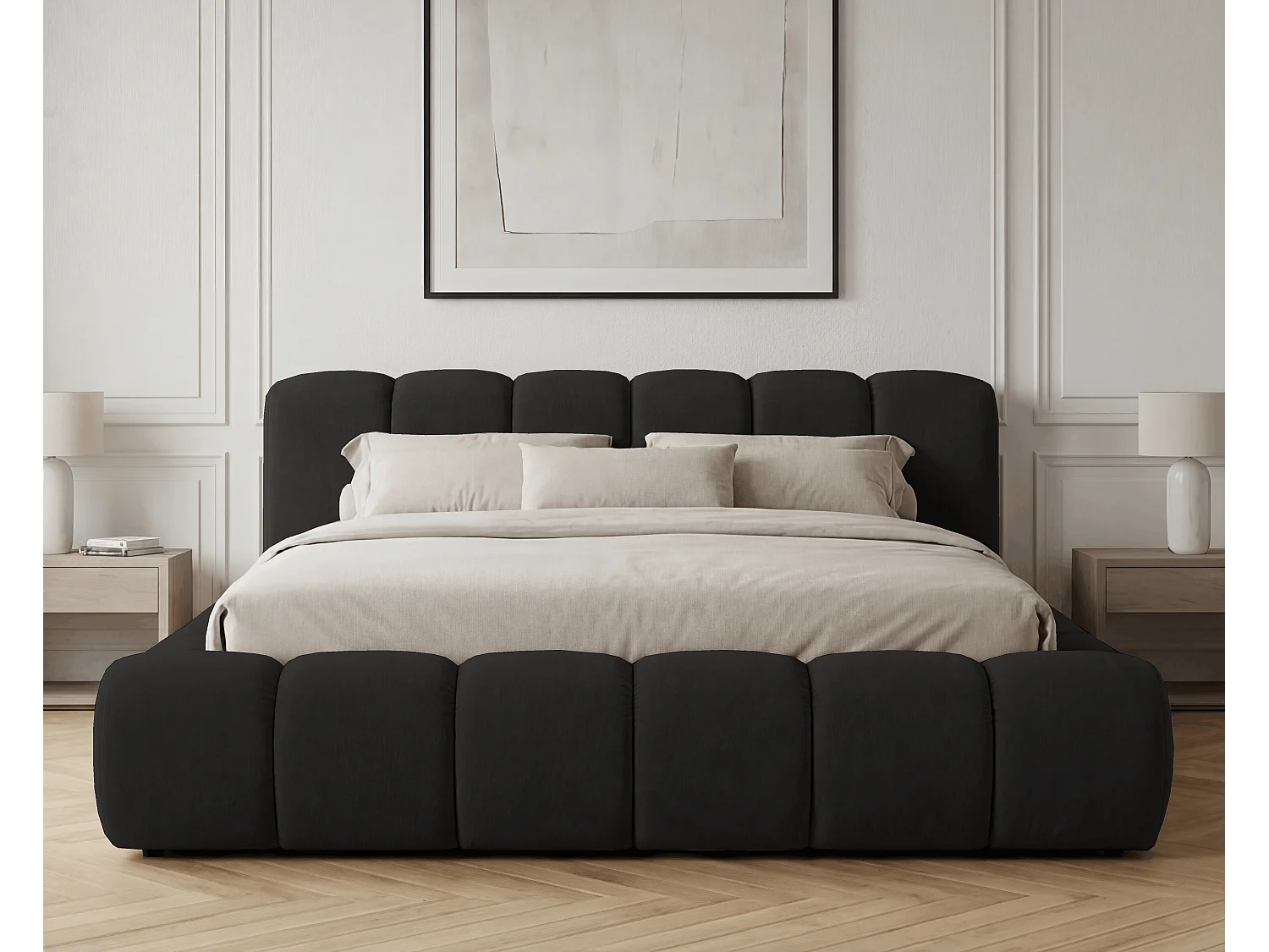 BESILIO Lit coffre 140x200 rembourré Mellio - sommier inclus, rangement, mousse épaisse - Noir