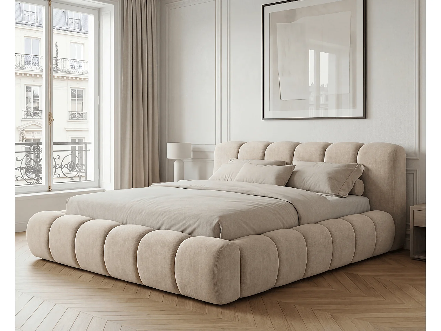 BESILIO Lit coffre 120x200 rembourré Mellio - sommier inclus, rangement, mousse épaisse - Beige
