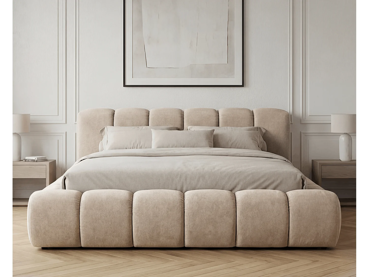 BESILIO Lit coffre 120x200 rembourré Mellio - sommier inclus, rangement, mousse épaisse - Beige