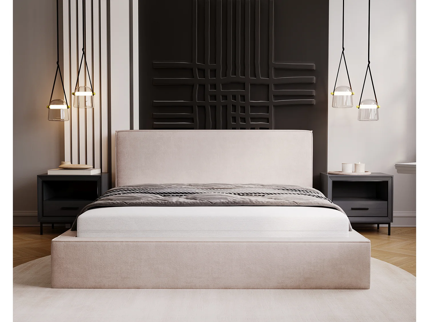 BESILIO Lit coffre 120x200 Gloria - sommier inclus, tissu doux, rangement intégré - Beige