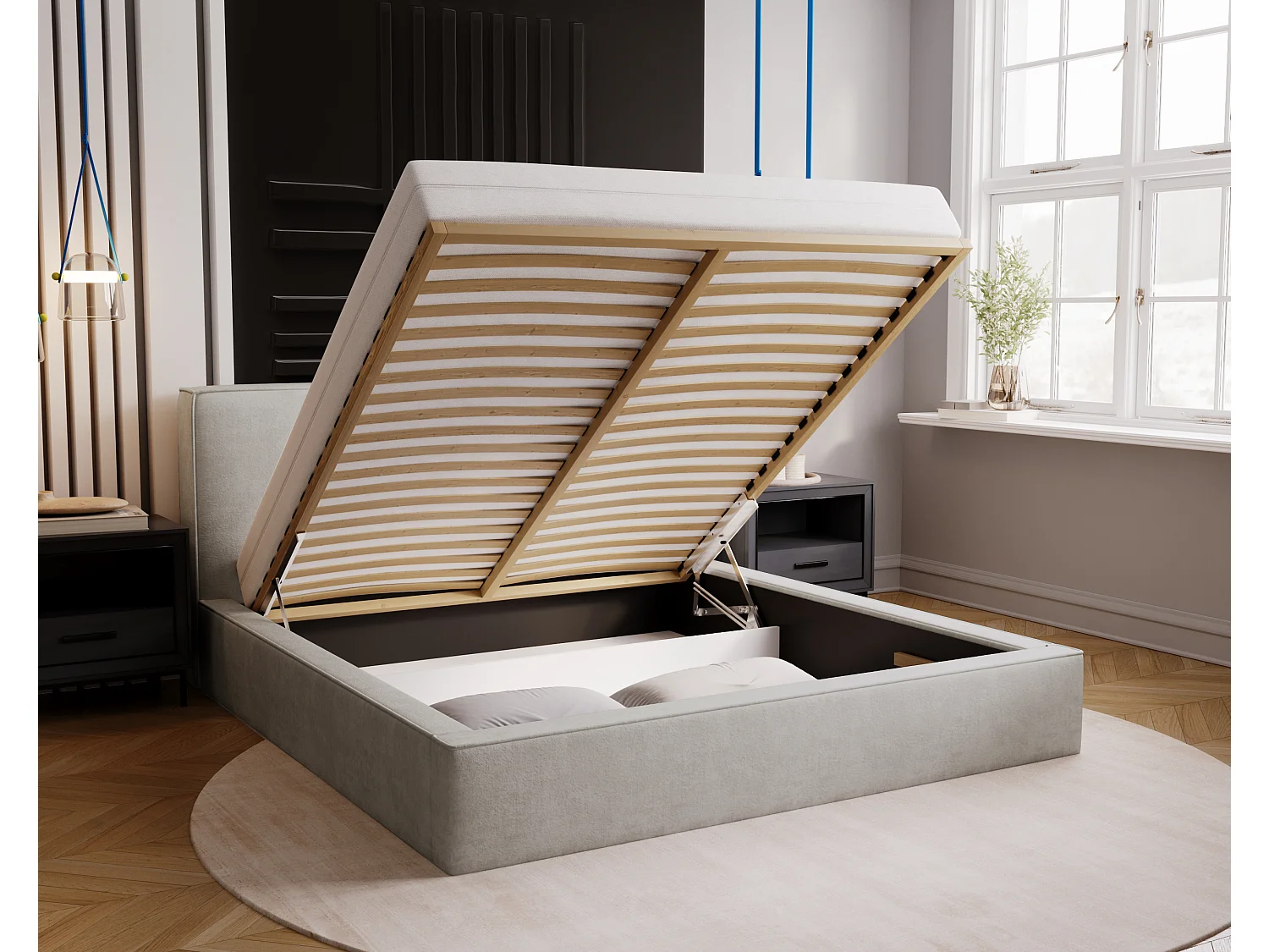BESILIO Lit coffre 180x200 Gloria - sommier inclus, tissu doux, rangement intégré - Gris clair
