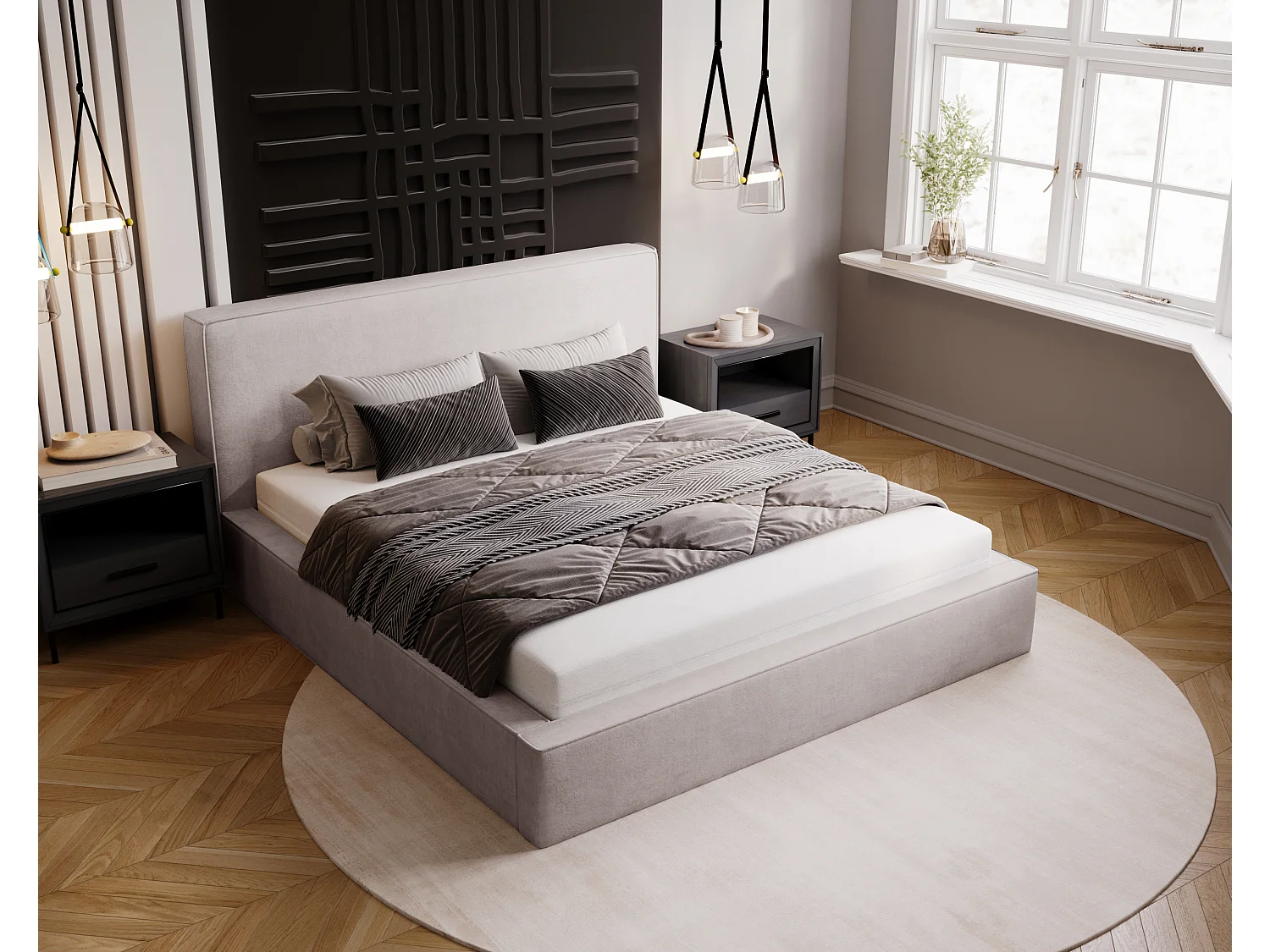 BESILIO Lit coffre 140x200 Gloria - sommier inclus, tissu doux, rangement intégré - Gris clair