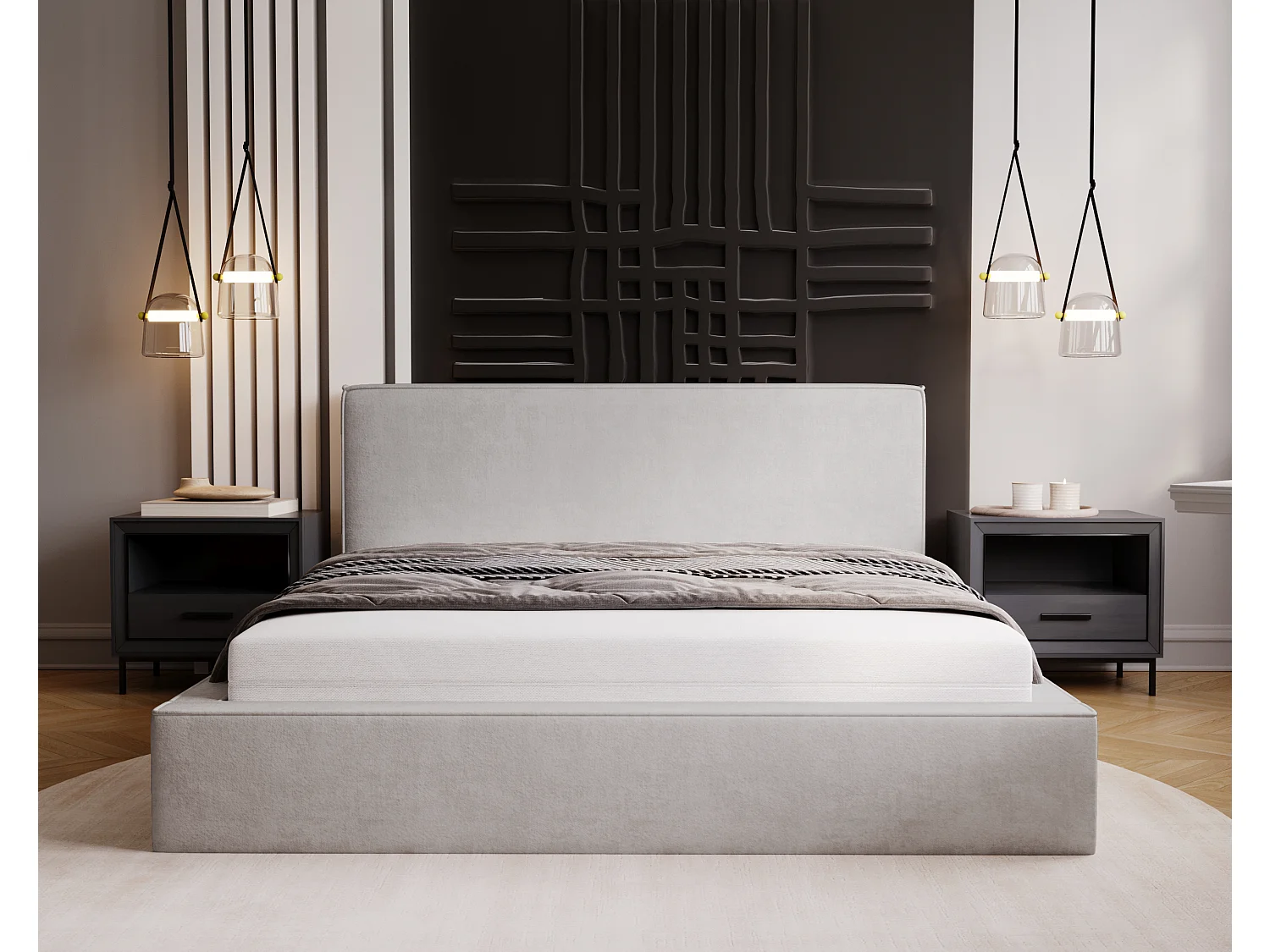 BESILIO Lit coffre 140x200 Gloria - sommier inclus, tissu doux, rangement intégré - Gris clair