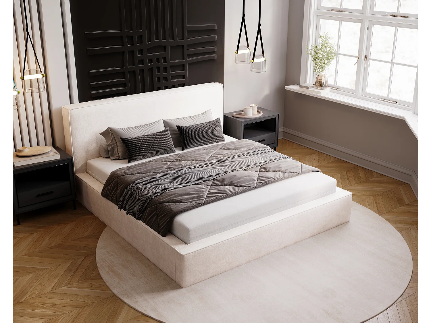 BESILIO Lit coffre 160x200 Gloria - sommier inclus, tissu doux, rangement intégré - Crème