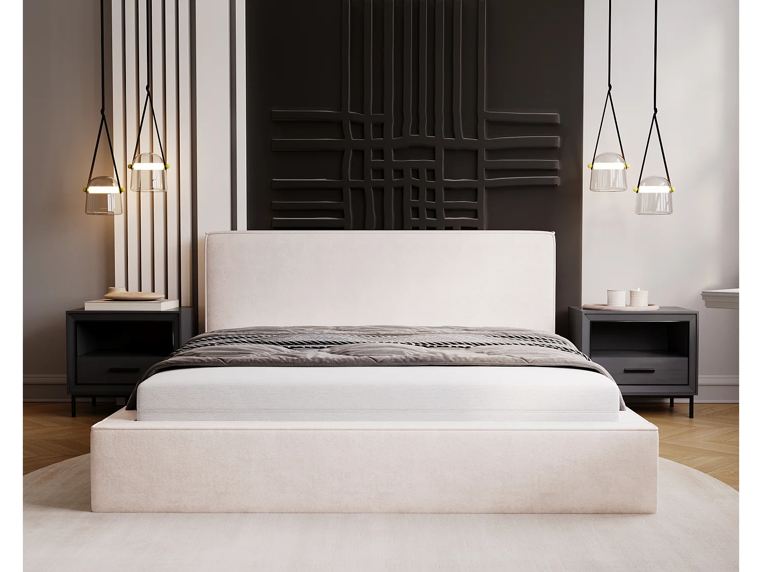 BESILIO Lit coffre 120x200 Gloria - sommier inclus, tissu doux, rangement intégré - Crème
