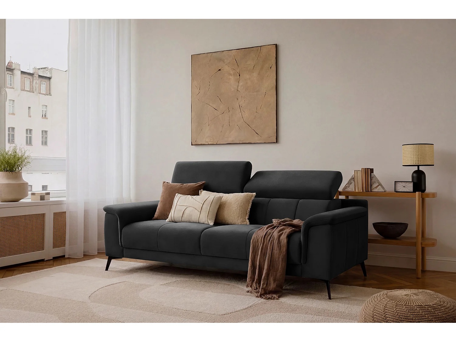 Sofa 3-Sitzer FIERO, Schwarzer Veloursstoff