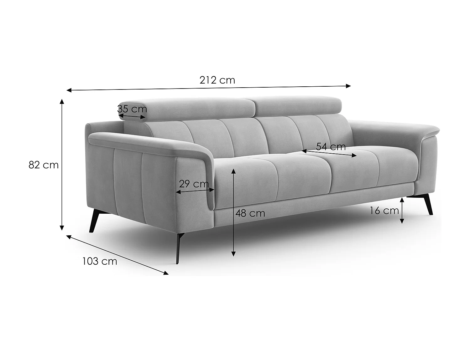 Sofa 3-Sitzer FIERO, Dunkelgrauer Veloursstoff