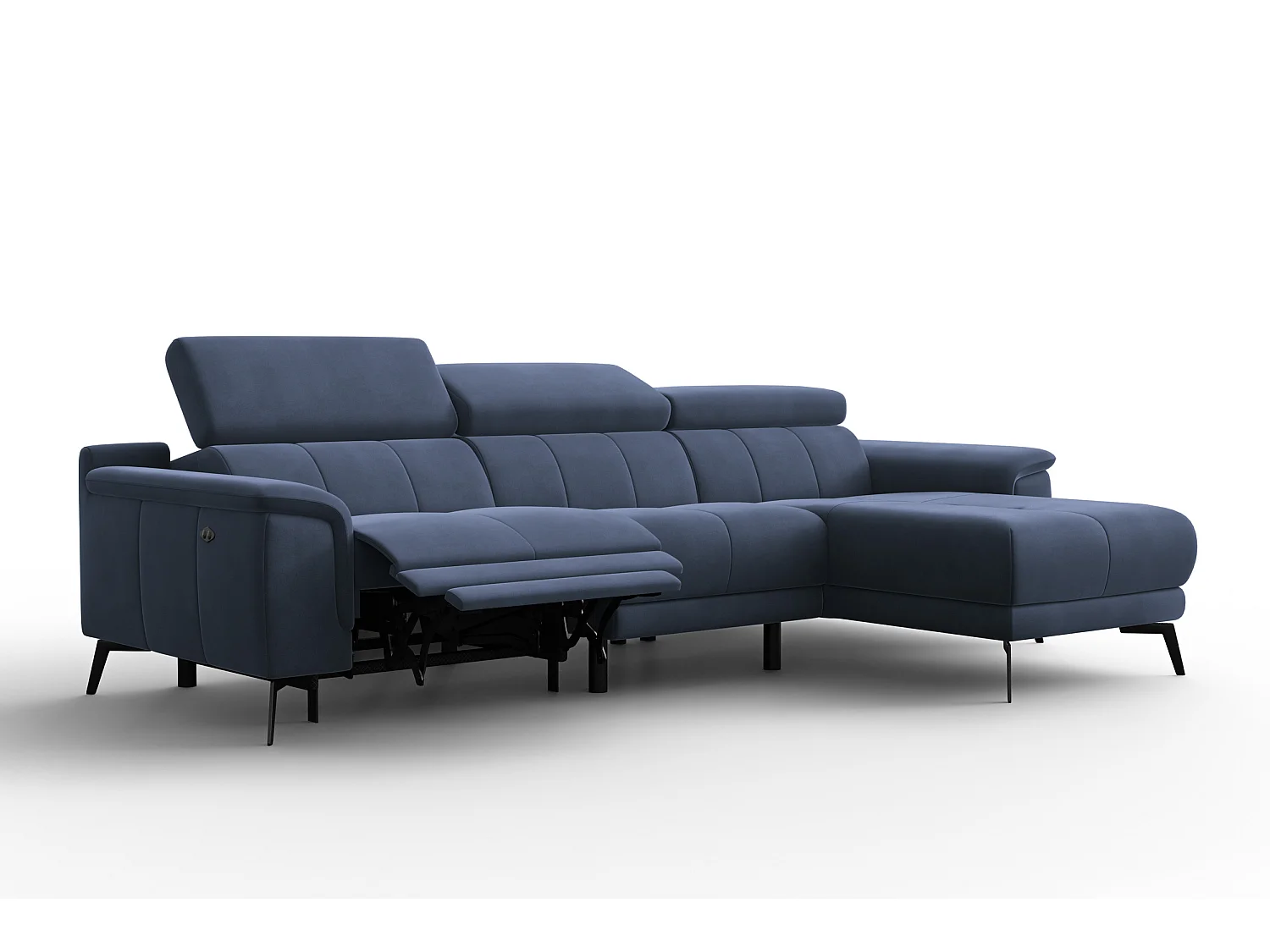 CANAPÉ D'ANGLE RELAX FIERO 4 places droit, tissu velours bleu marine