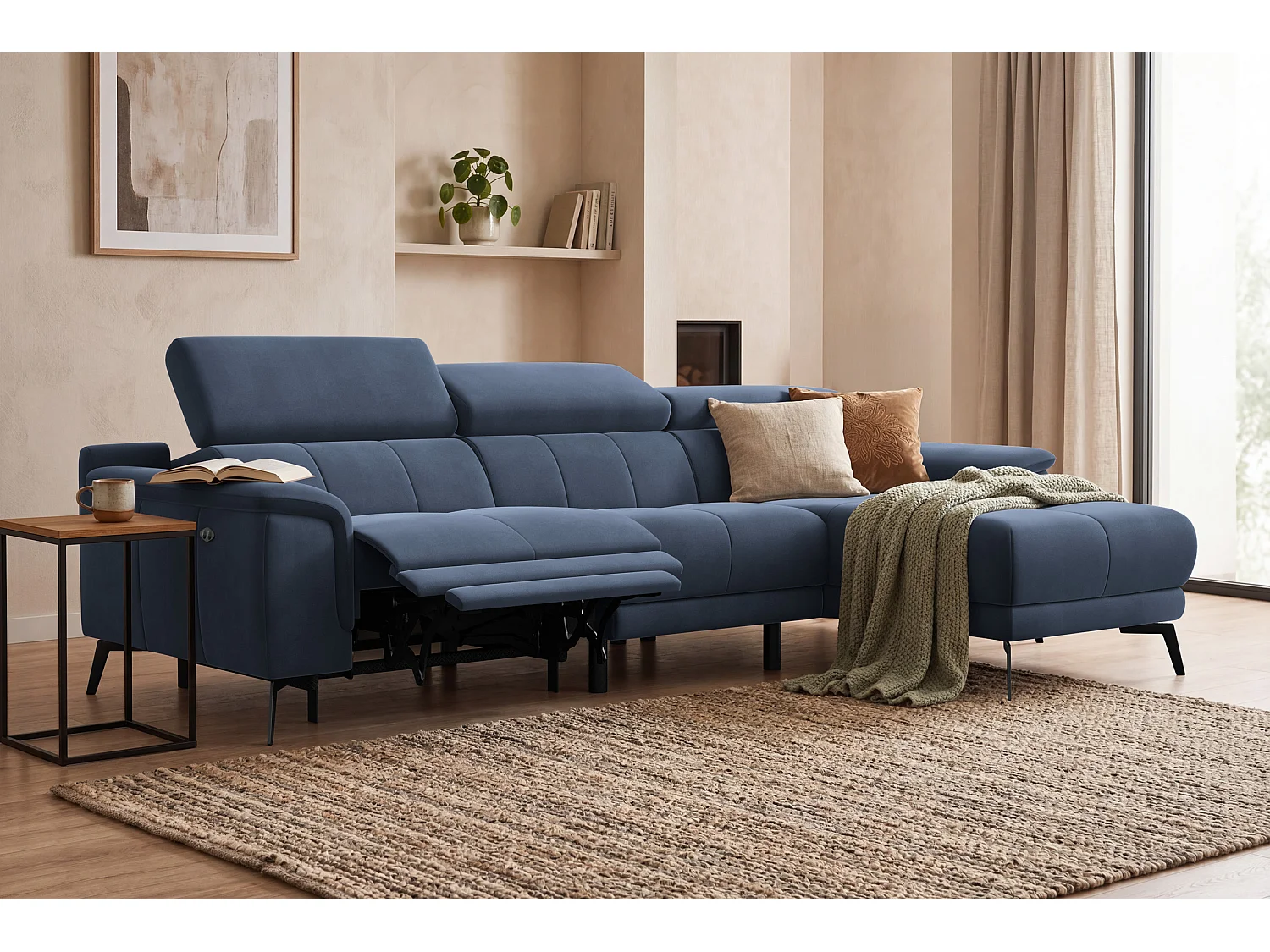 CANAPÉ D'ANGLE RELAX FIERO 4 places droit, tissu velours bleu marine