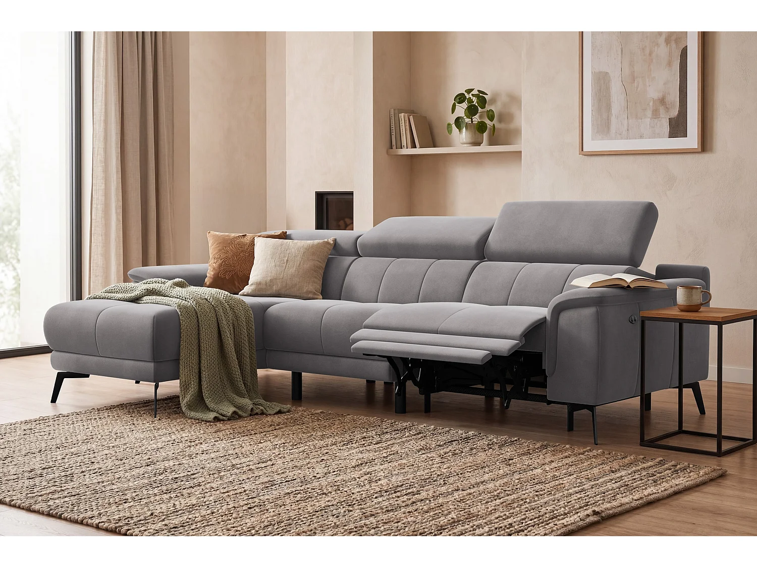 CANAPÉ D'ANGLE RELAX FIERO 4 places gauche, tissu velours gris foncé
