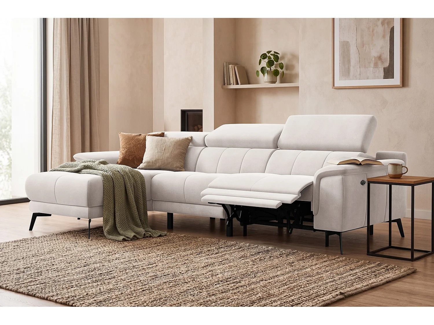 CANAPÉ D'ANGLE RELAX FIERO 4 places gauche, tissu velours beige