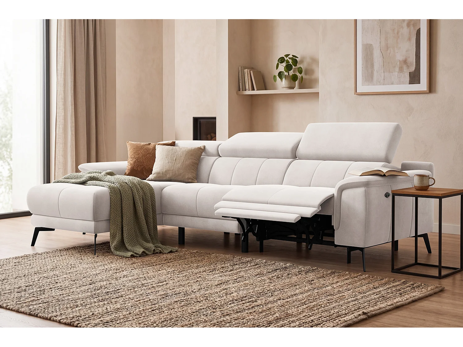 Ecksofa Relax 4-Sitzer links FIERO, Beiger Veloursstoff