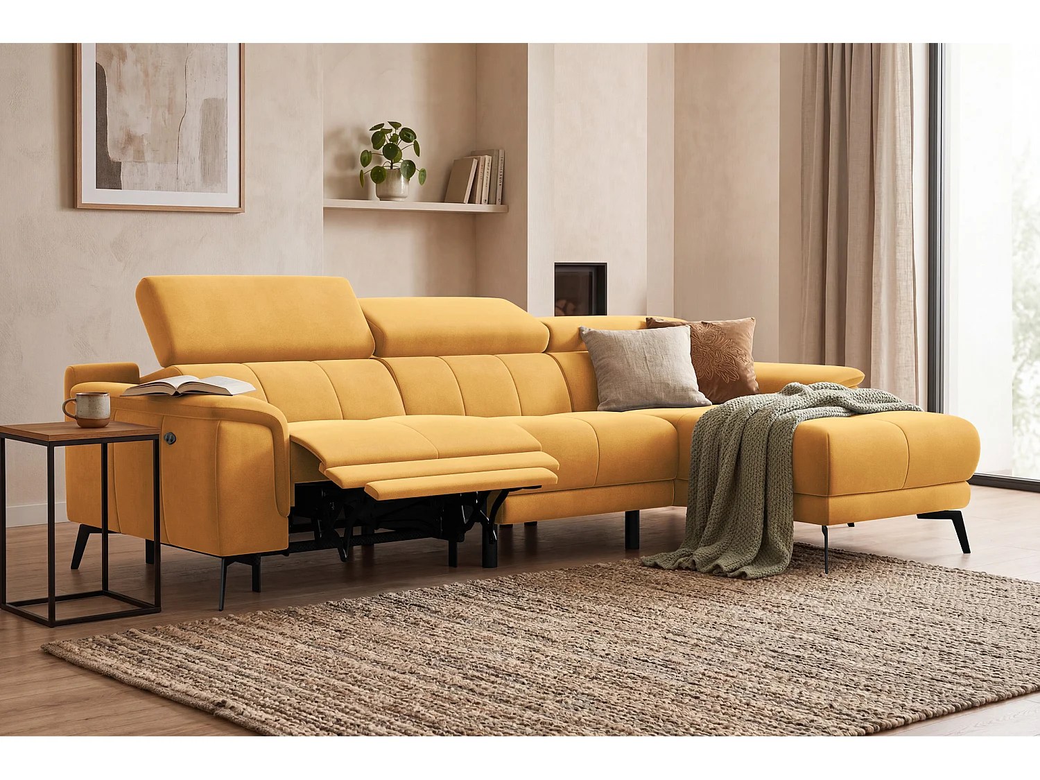 CANAPÉ D'ANGLE RELAX FIERO 4 places droit, tissu velours jaune
