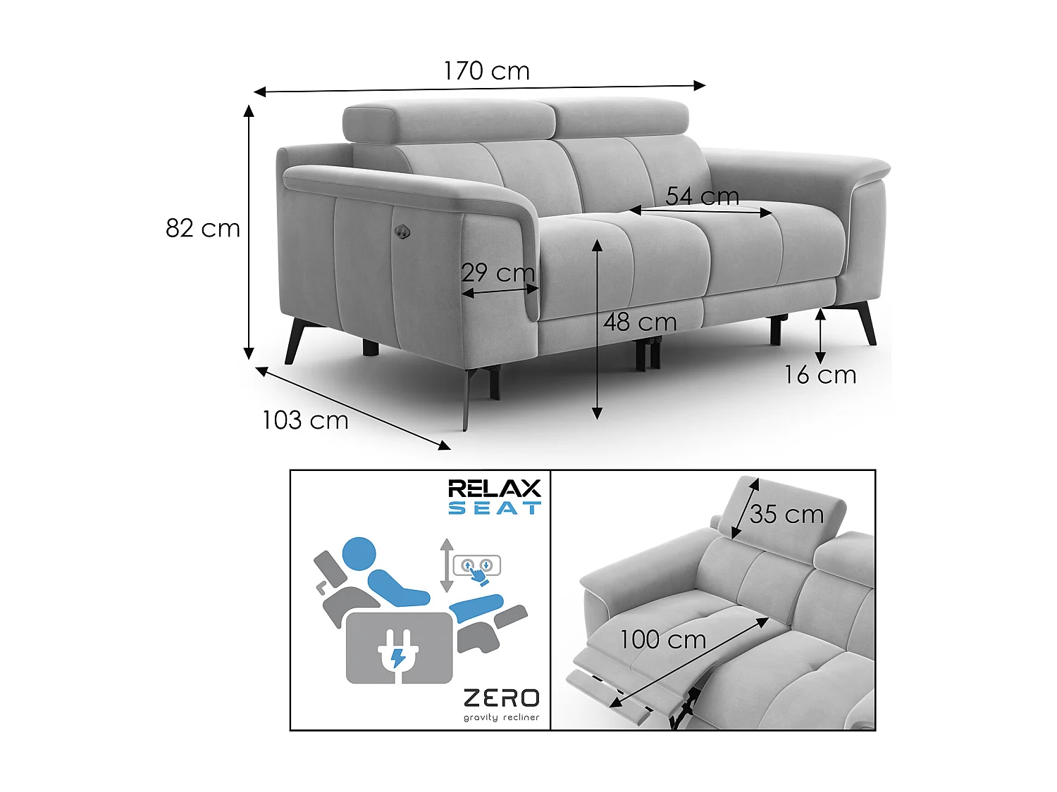 Sofa Relax 2-Sitzer FIERO, Marineblauer Veloursstoff