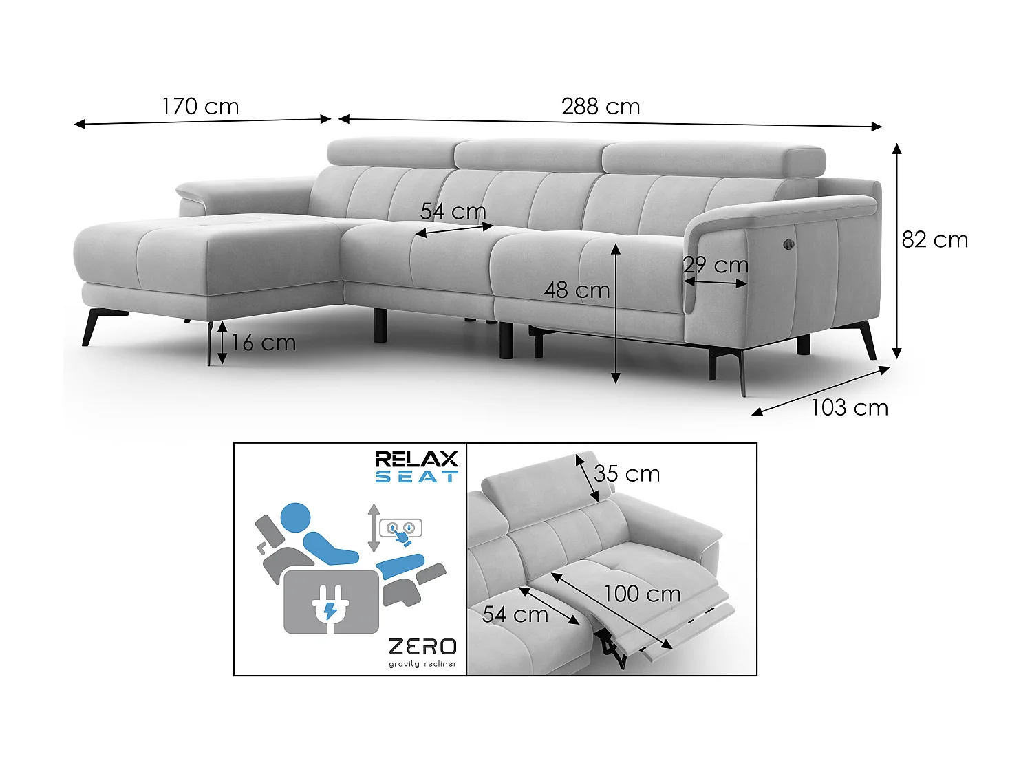 CANAPÉ D'ANGLE RELAX FIERO 4 places gauche, tissu velours turquoise