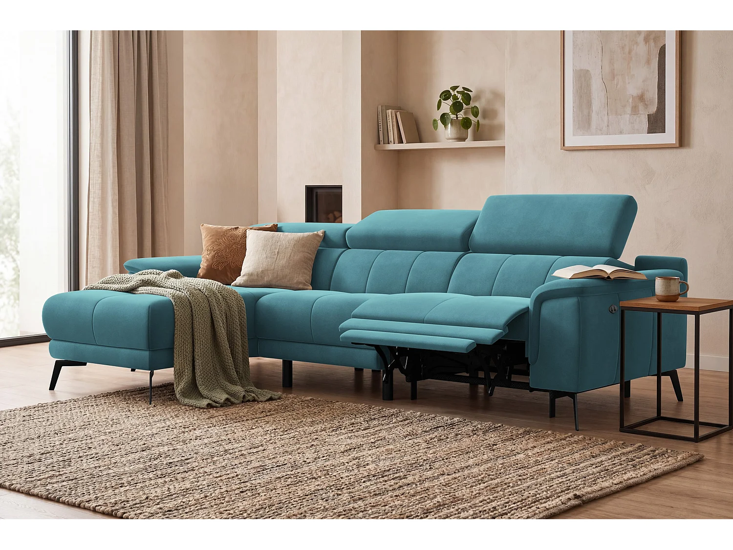 CANAPÉ D'ANGLE RELAX FIERO 4 places gauche, tissu velours turquoise