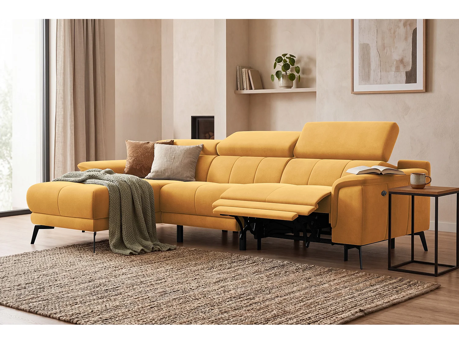 CANAPÉ D'ANGLE RELAX FIERO 4 places gauche, tissu velours jaune