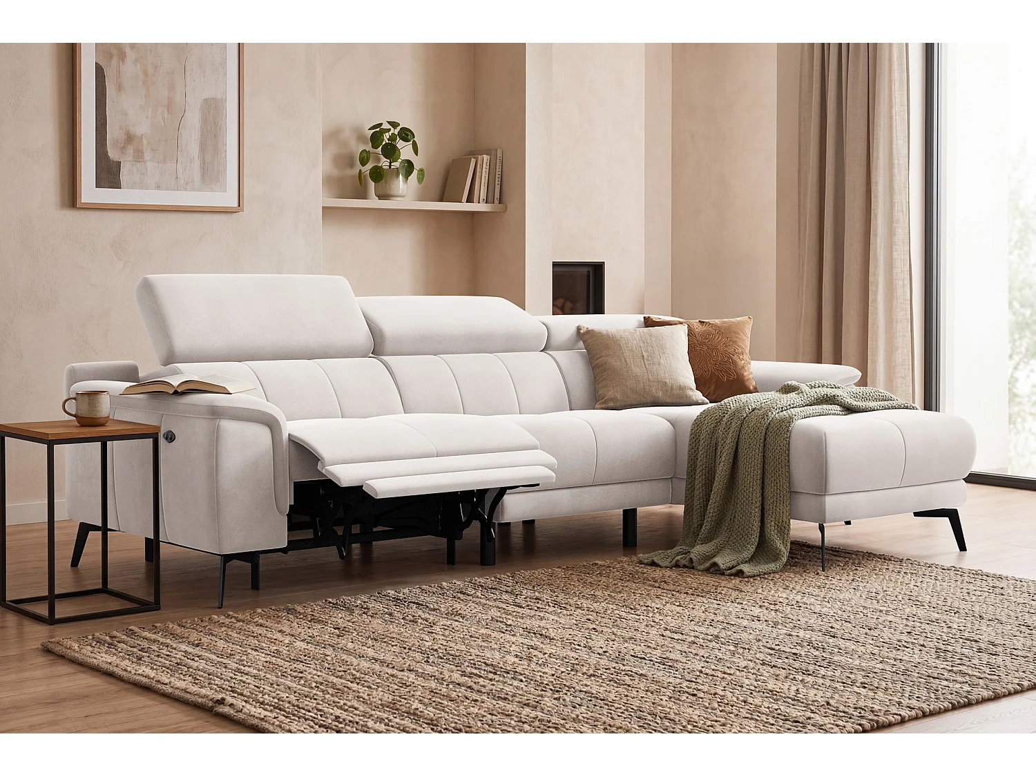 CANAPÉ D'ANGLE RELAX FIERO 4 places droit, tissu velours beige