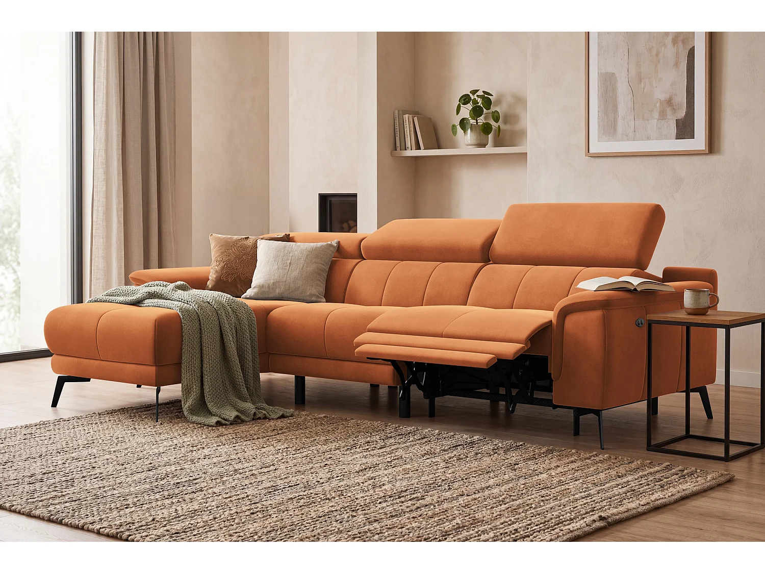 CANAPÉ D'ANGLE RELAX FIERO 4 places gauche, tissu velours orange