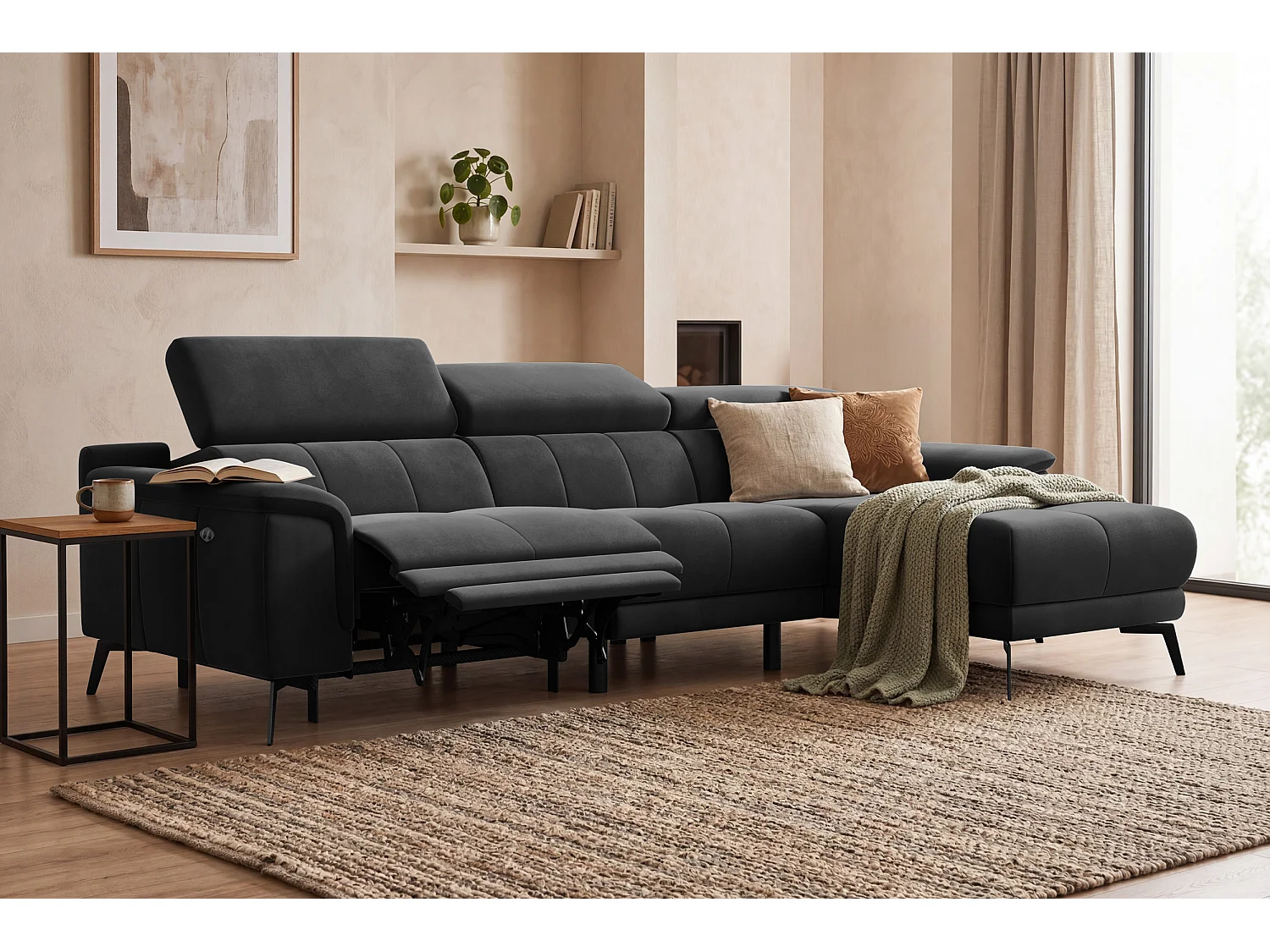 CANAPÉ D'ANGLE RELAX FIERO 4 places droit, tissu velours noir
