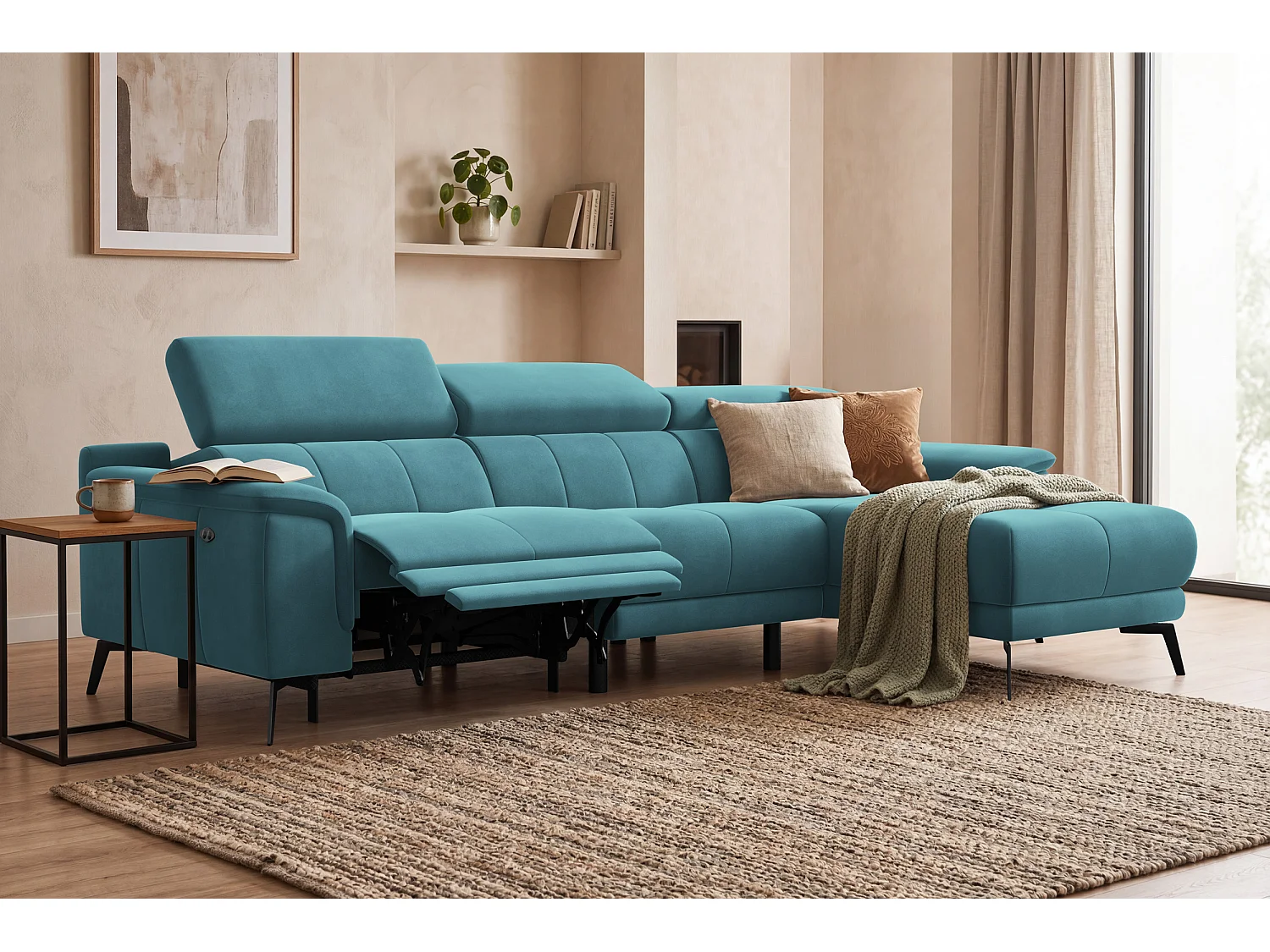 CANAPÉ D'ANGLE RELAX FIERO 4 places droit, tissu velours turquoise