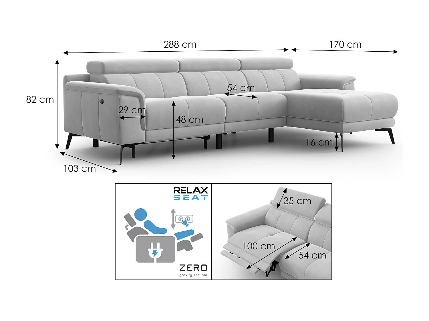 CANAPÉ D'ANGLE RELAX FIERO 4 places droit, tissu velours gris foncé