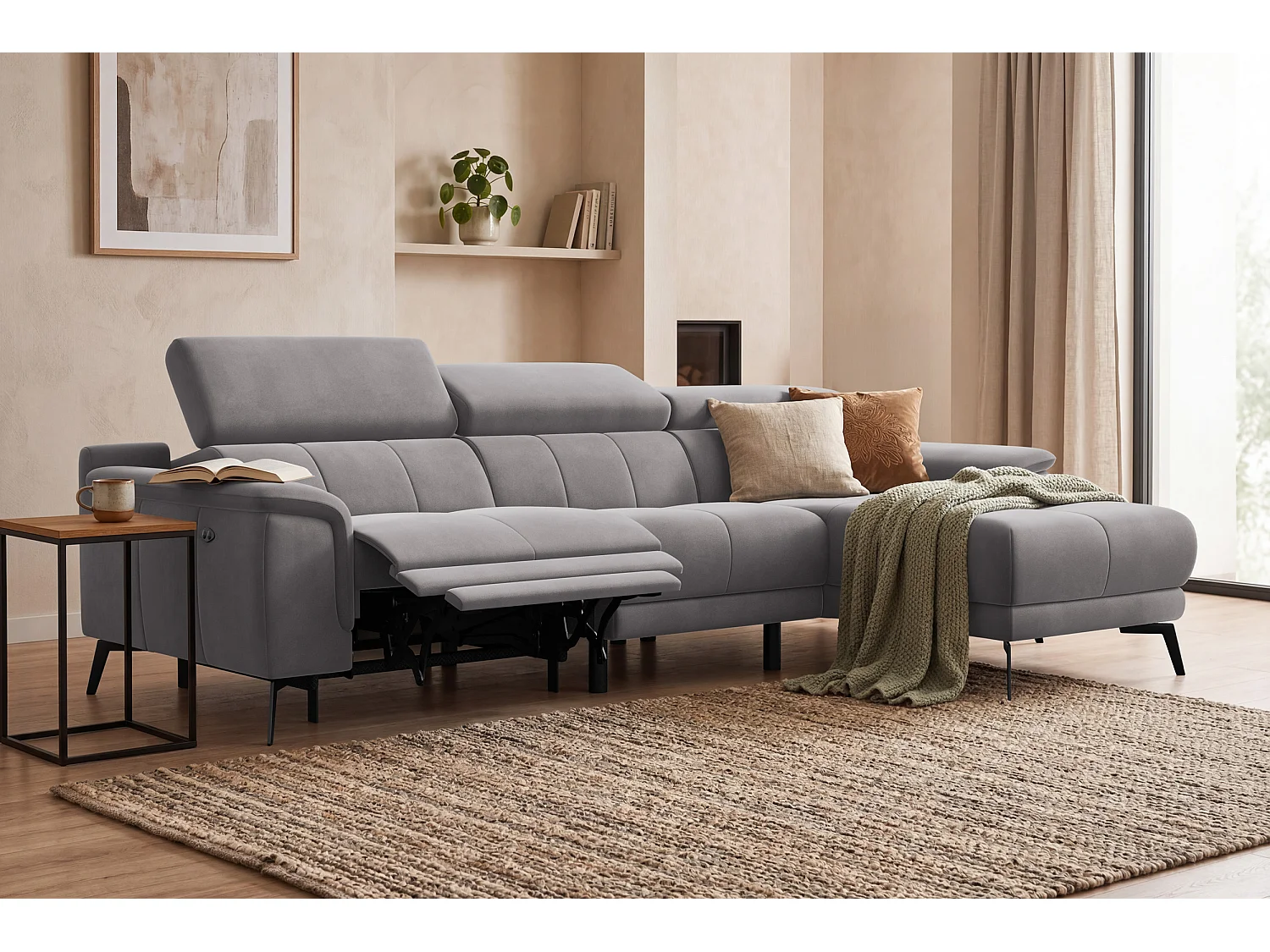 CANAPÉ D'ANGLE RELAX FIERO 4 places droit, tissu velours gris foncé