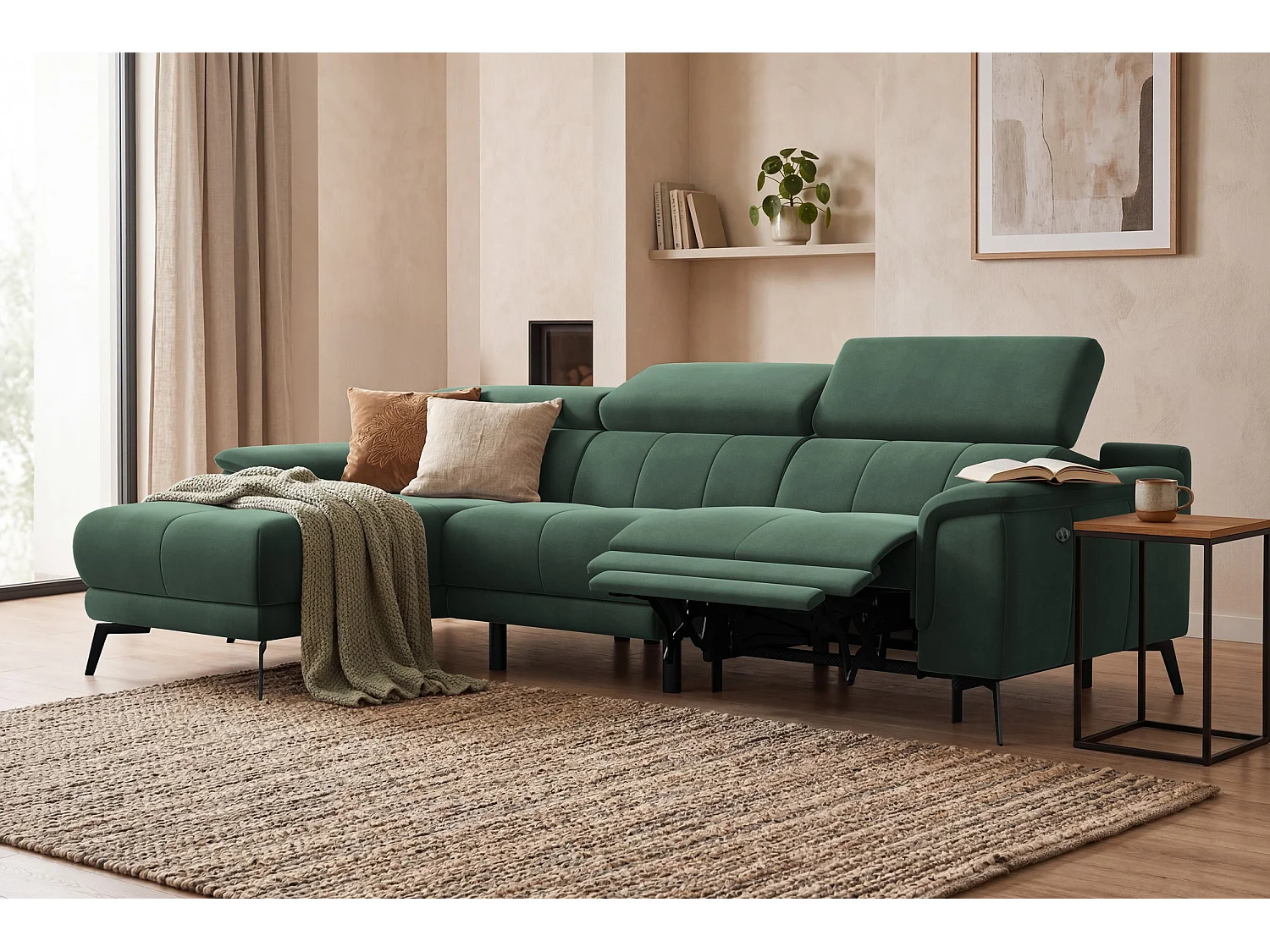 CANAPÉ D'ANGLE RELAX FIERO 4 places gauche, tissu velours vert