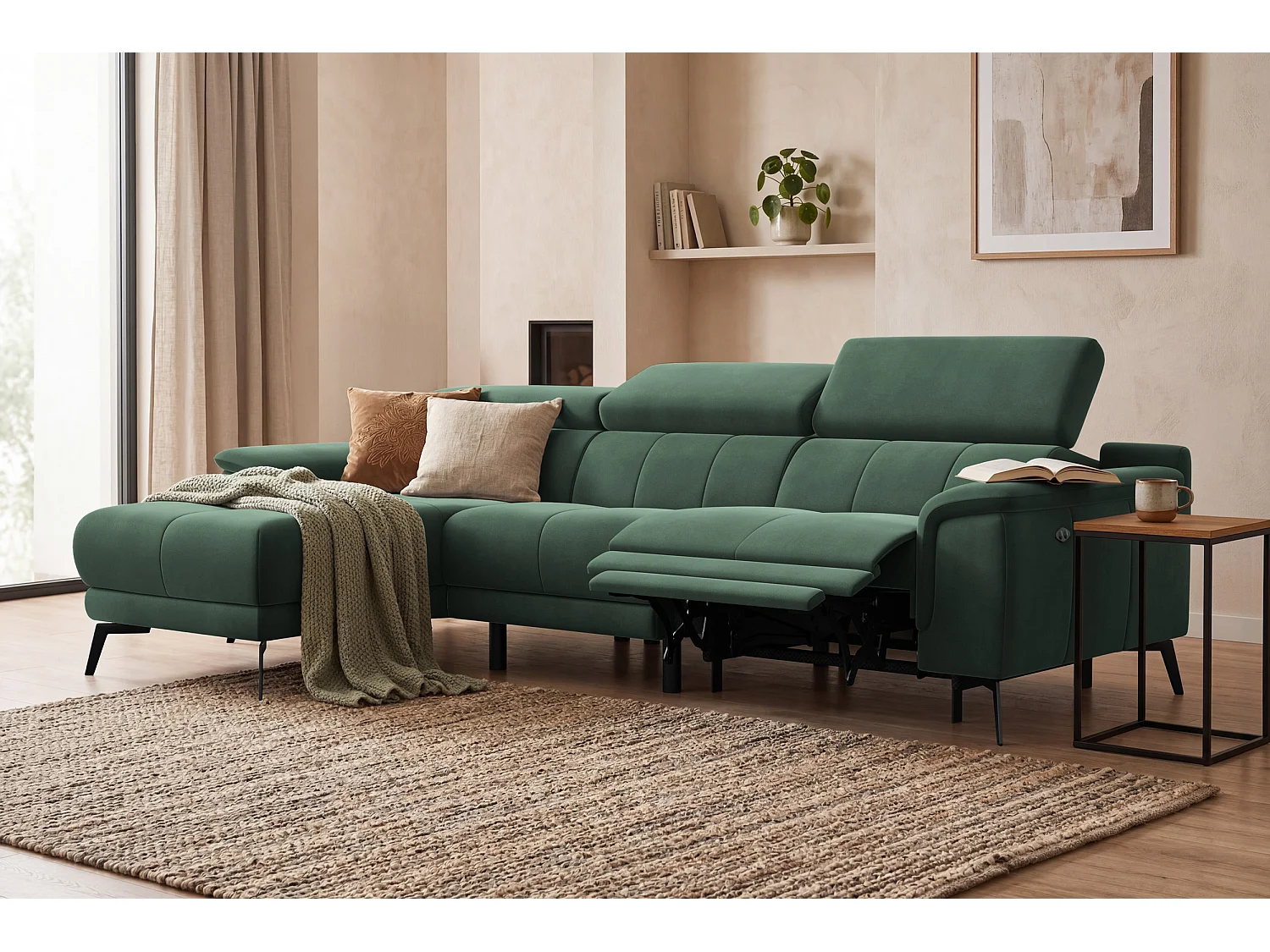 Ecksofa Relax 4-Sitzer links FIERO, Grüner Veloursstoff