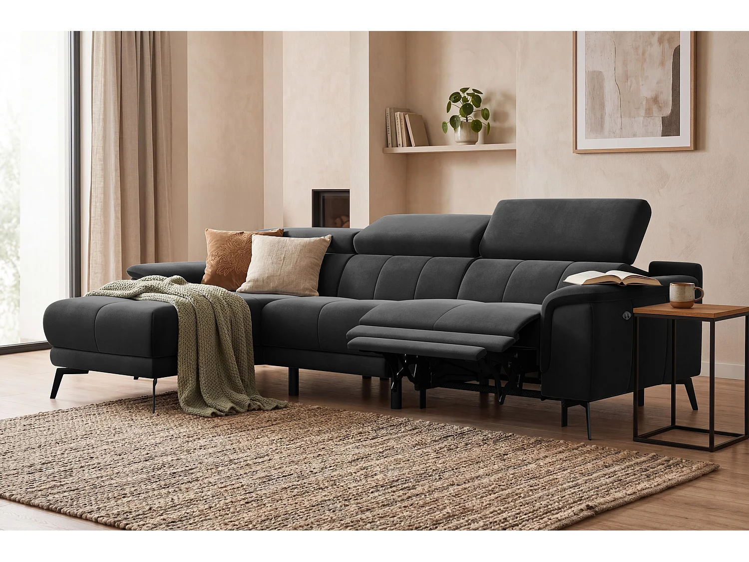 CANAPÉ D'ANGLE RELAX FIERO 4 places gauche, tissu velours noir