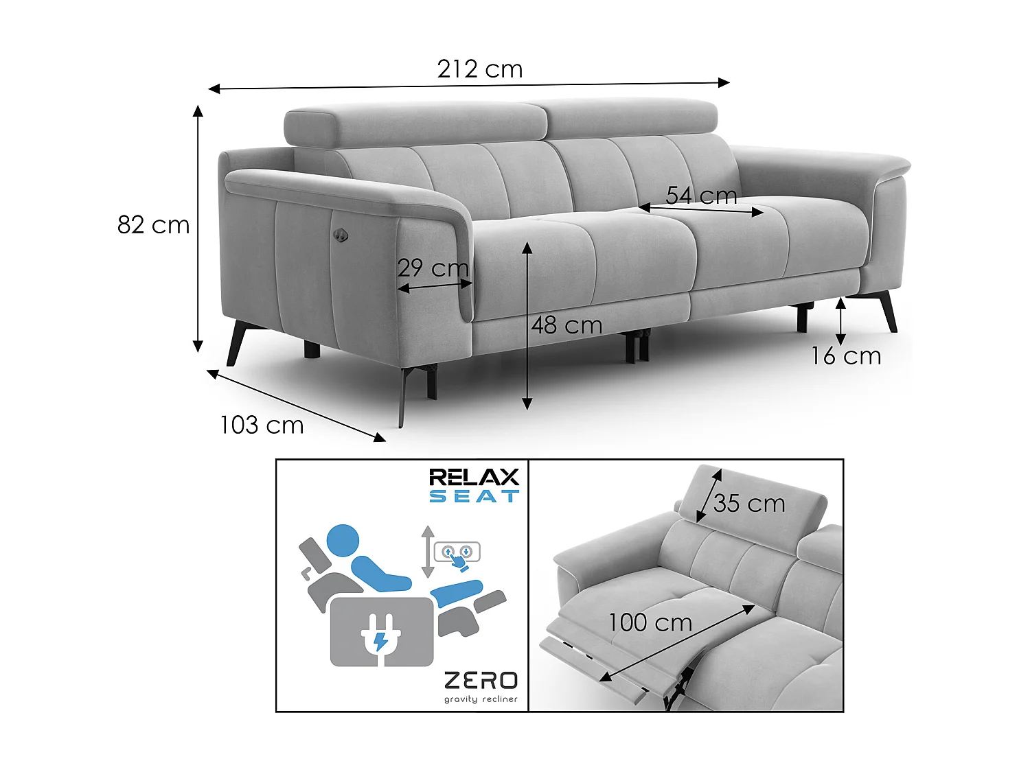 Sofa Relax 3-Sitzer FIERO, Brauner Veloursstoff