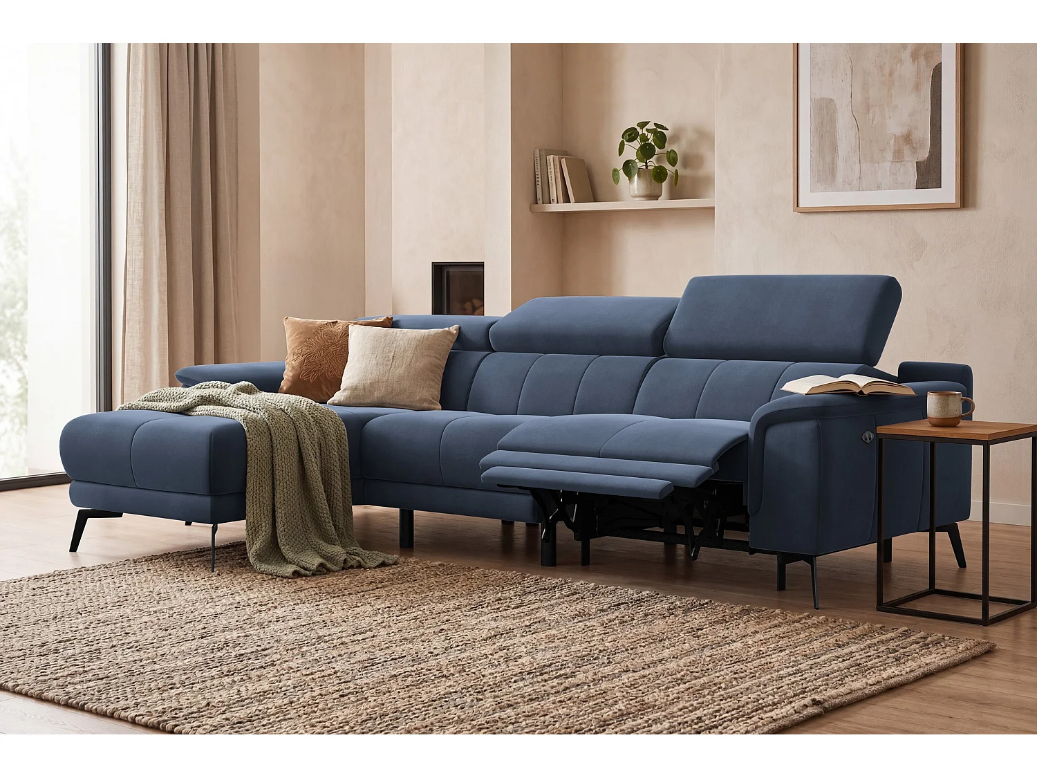 CANAPÉ D'ANGLE RELAX FIERO 4 places gauche, tissu velours bleu marine