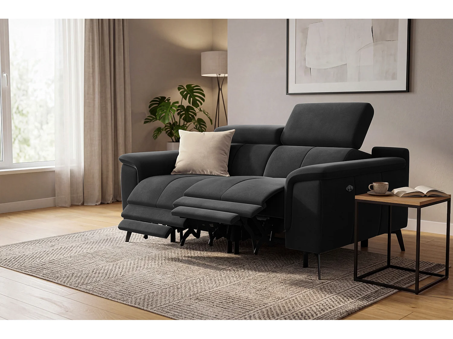 Sofa Relax 2-Sitzer FIERO, Schwarzer Veloursstoff