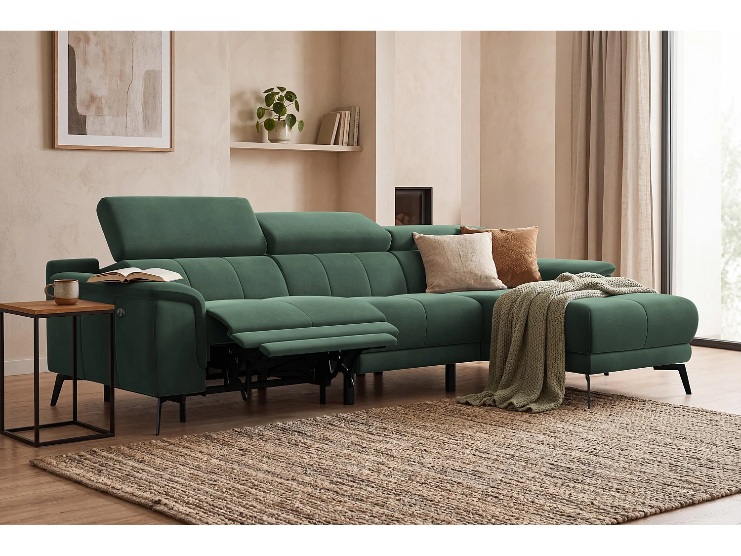 CANAPÉ D'ANGLE RELAX FIERO 4 places droit, tissu velours vert