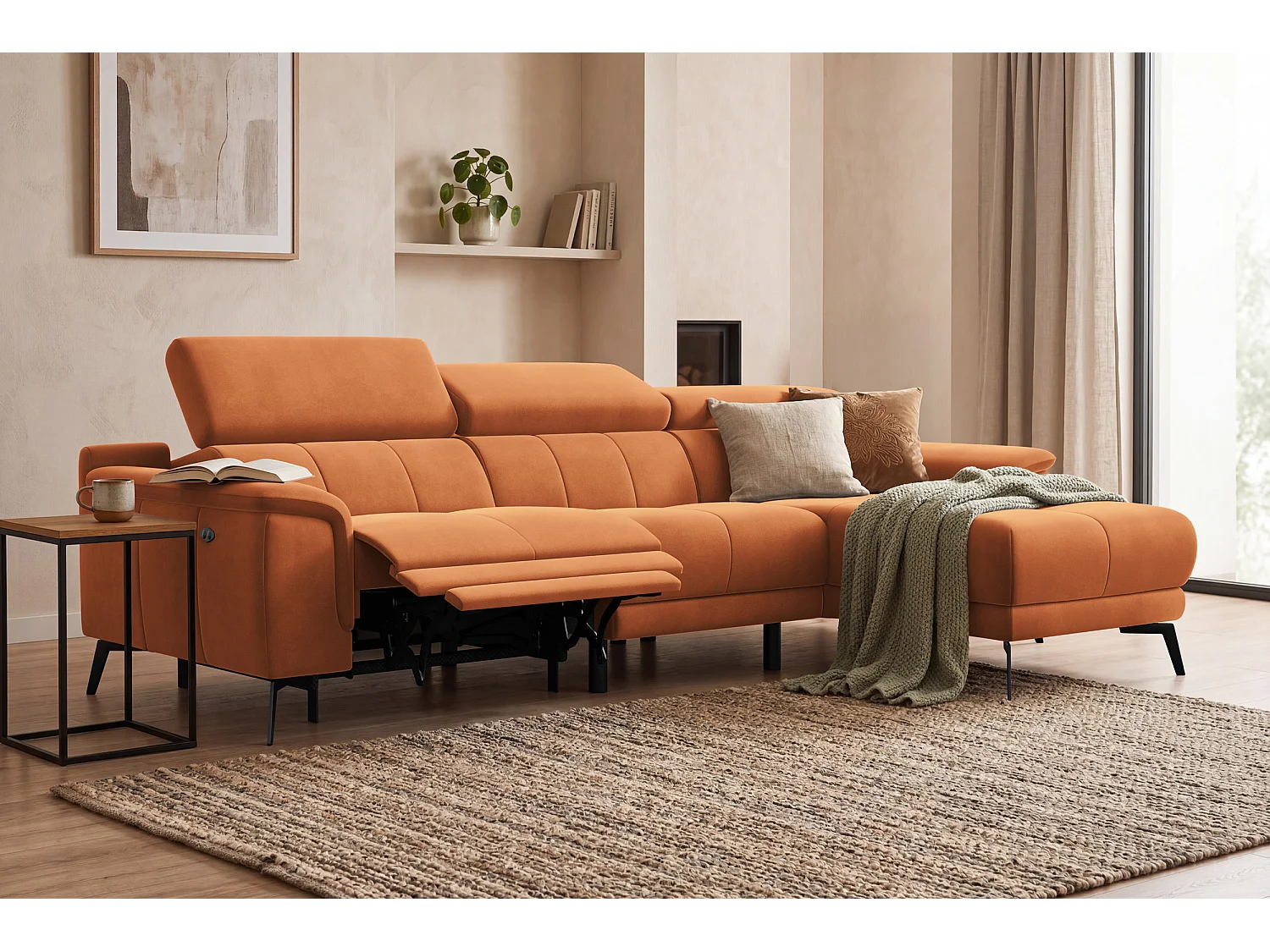 CANAPÉ D'ANGLE RELAX FIERO 4 places droit, tissu velours orange