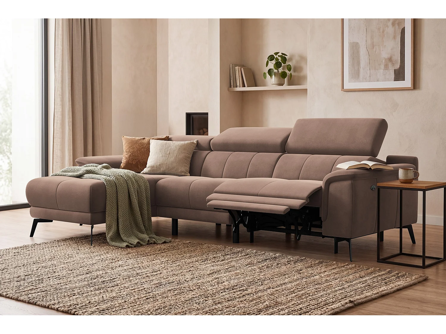 CANAPÉ D'ANGLE RELAX FIERO 4 places gauche, tissu velours marron