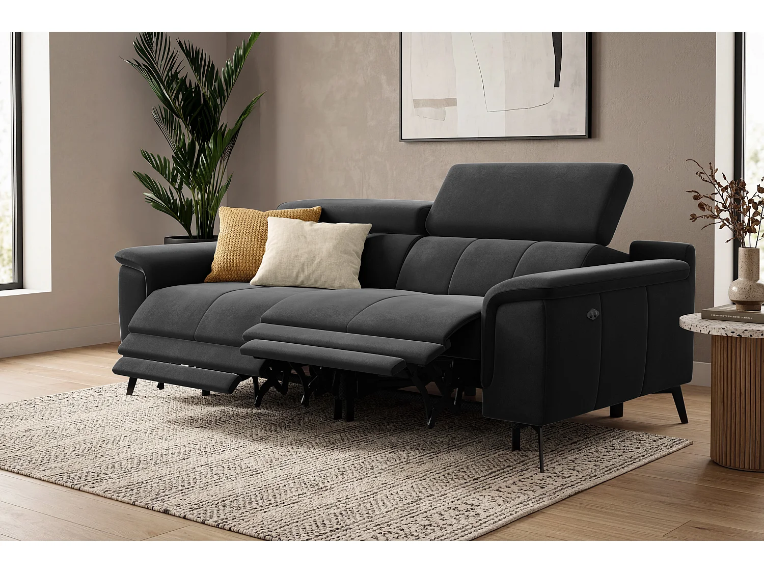 Sofa Relax 3-Sitzer FIERO, Schwarzer Veloursstoff