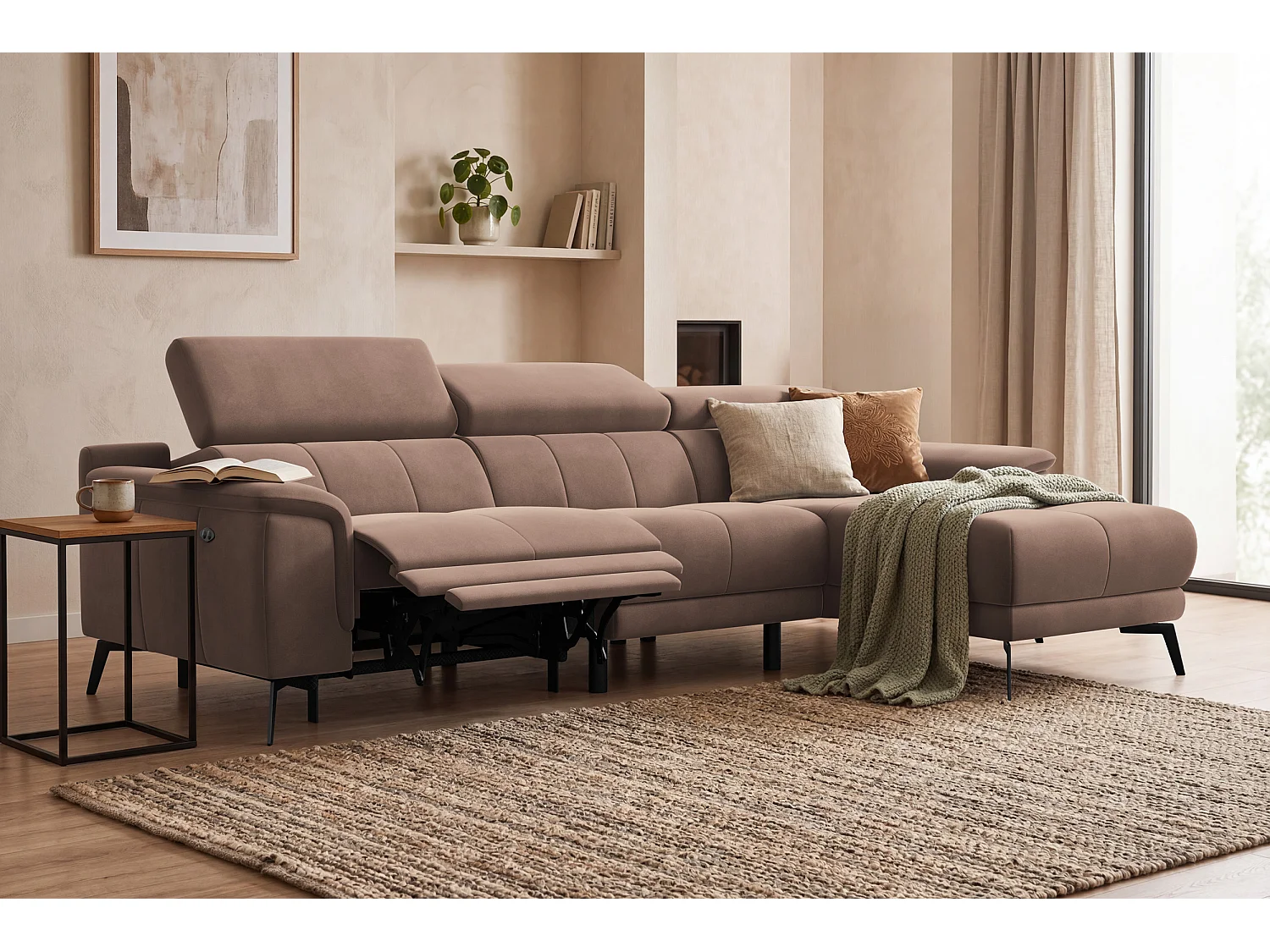 CANAPÉ D'ANGLE RELAX FIERO 4 places droit, tissu velours marron